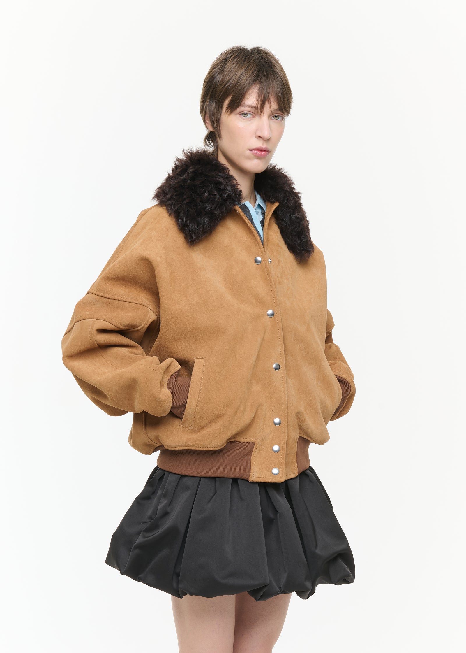 SUEDE BOMBER JACKET WITH DETACHABLE COLLAR