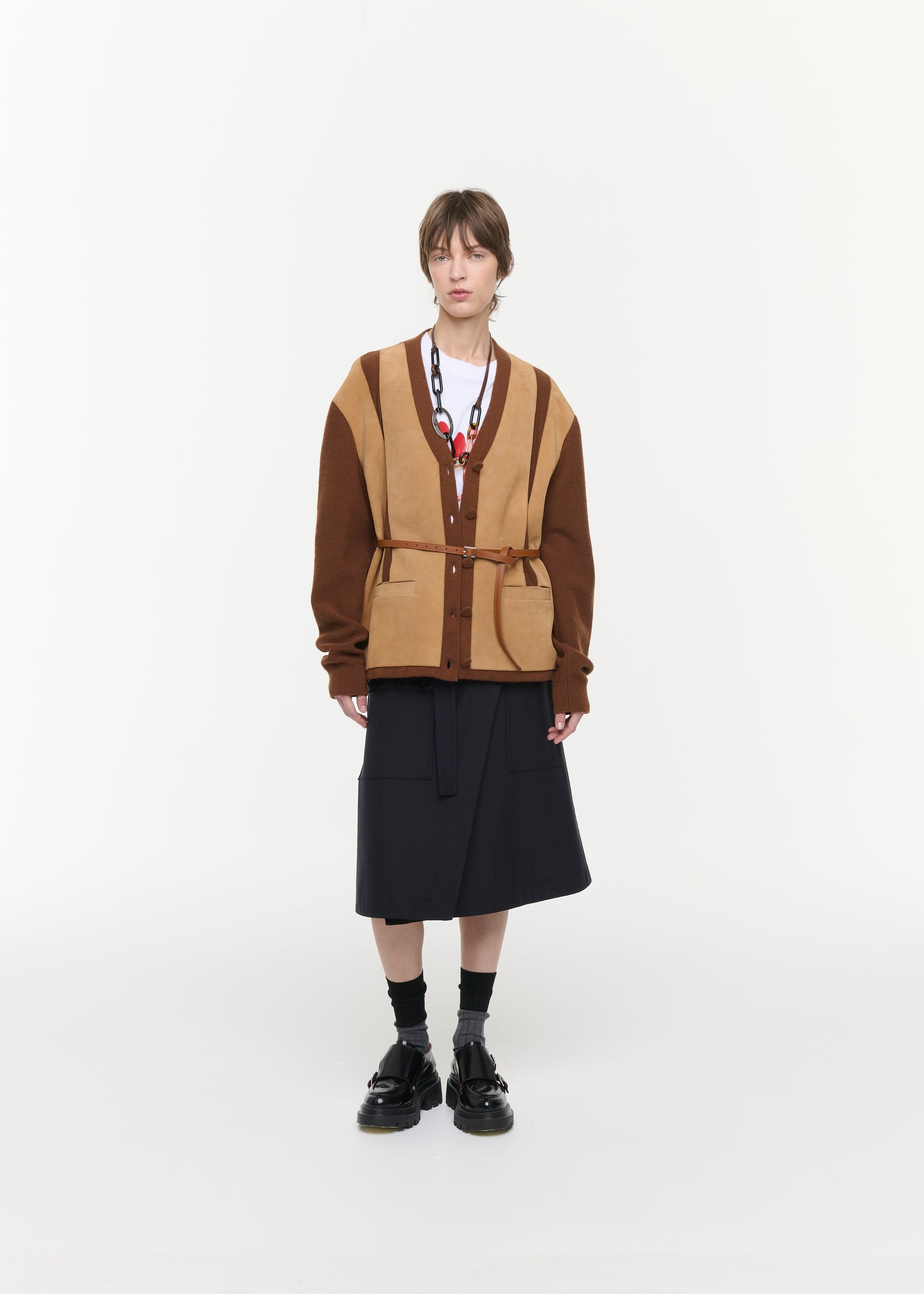 SUEDE AND WOOL BLEND CARDIGAN