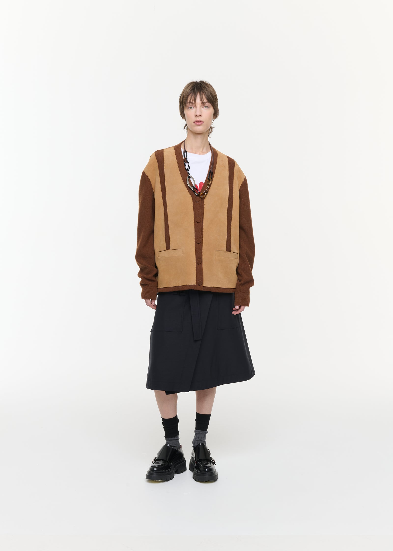 SUEDE AND WOOL BLEND CARDIGAN