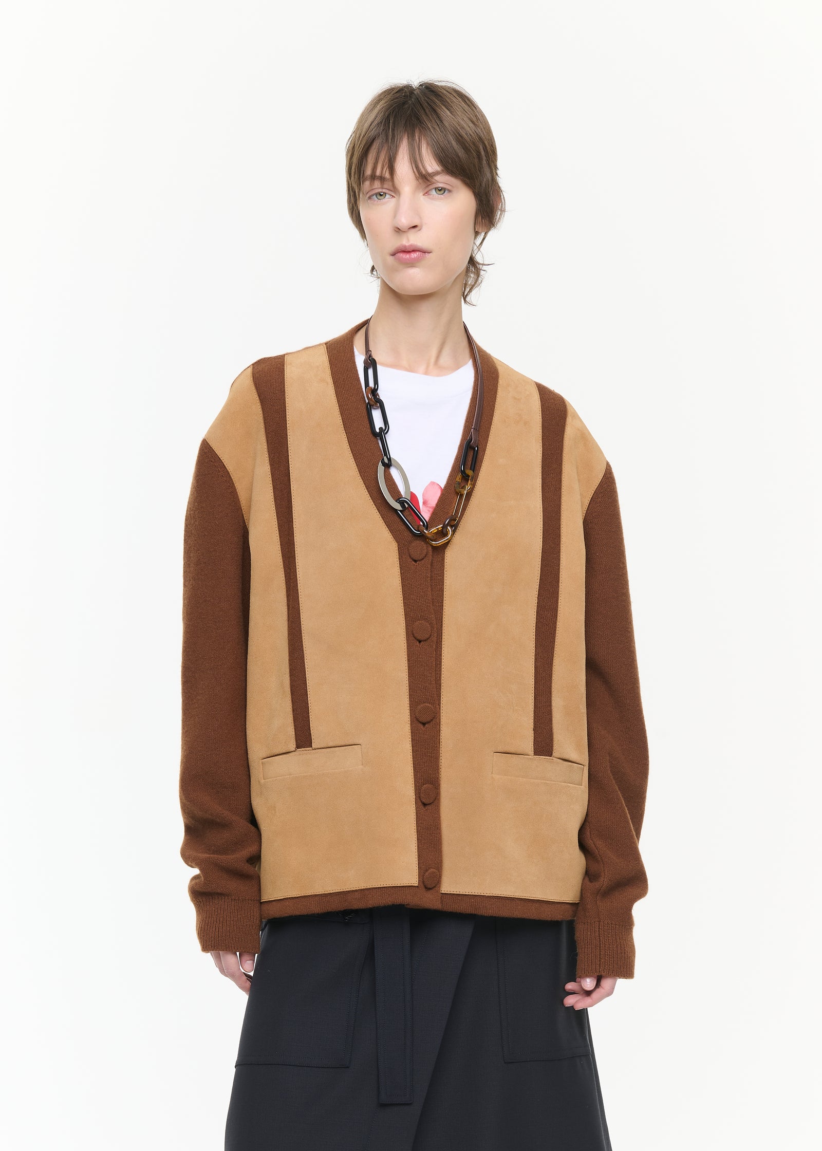 SUEDE AND WOOL BLEND CARDIGAN