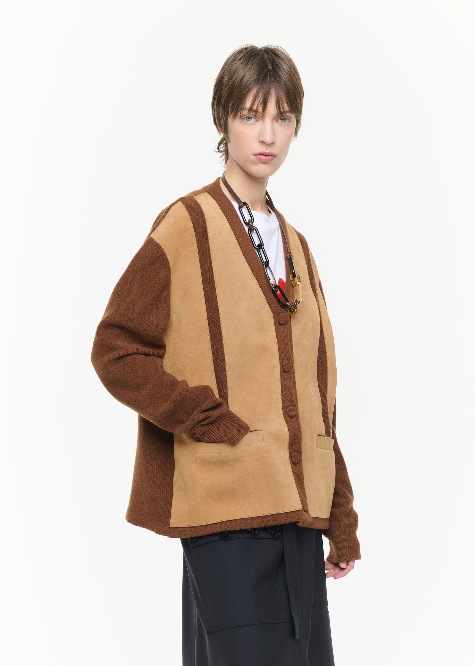 SUEDE AND WOOL BLEND CARDIGAN