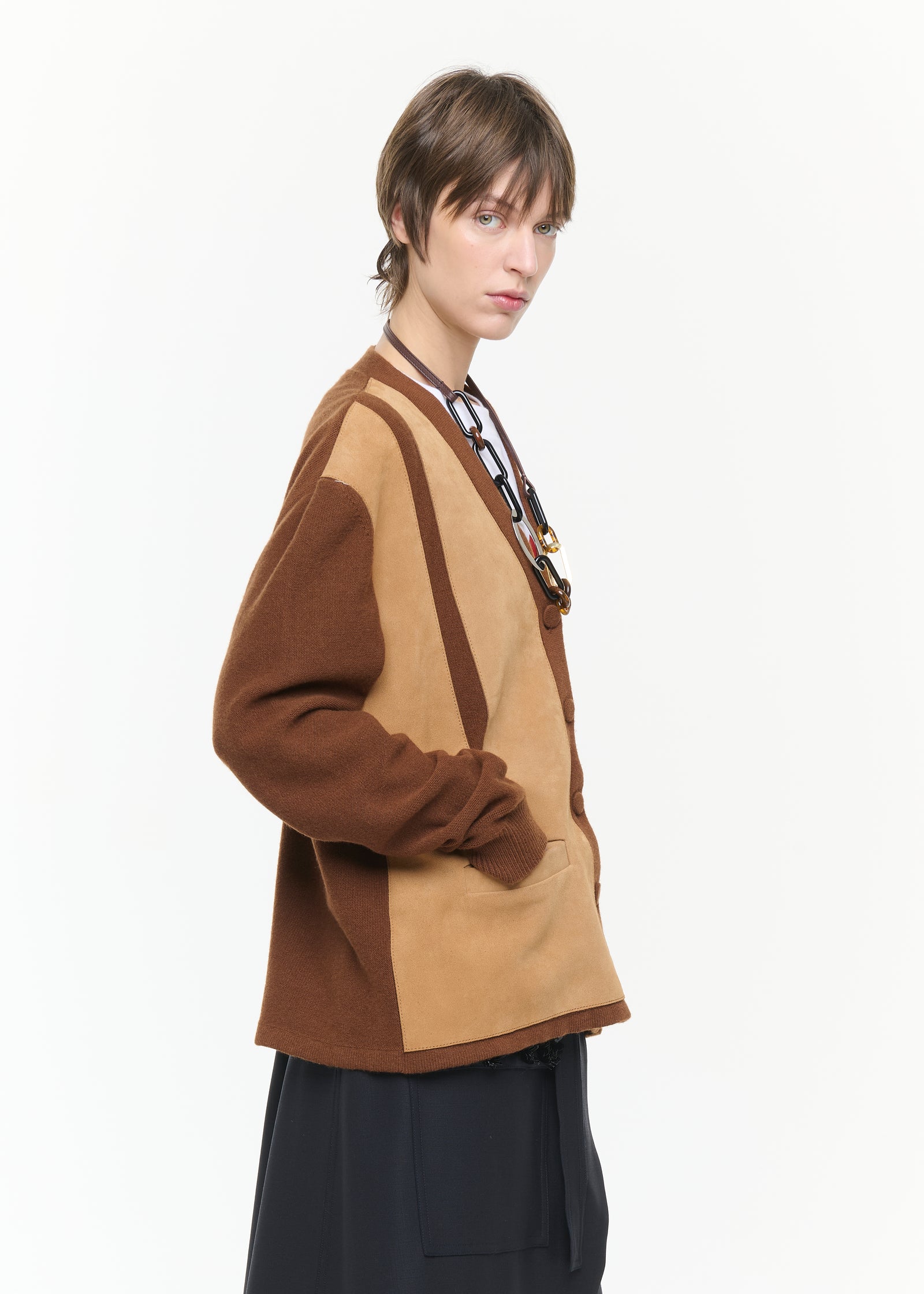 SUEDE AND WOOL BLEND CARDIGAN