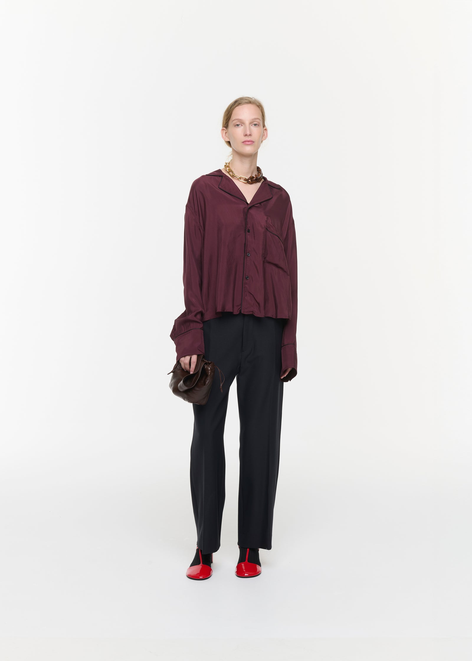 BURGUNDY PAJAMA SHIRT WITH PIPING