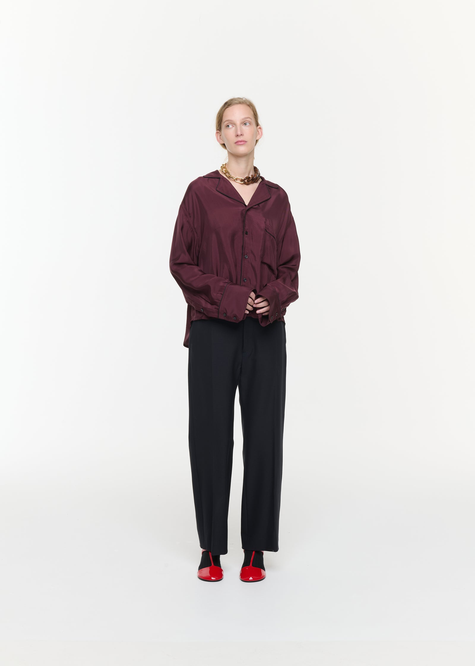 BURGUNDY PAJAMA SHIRT WITH PIPING