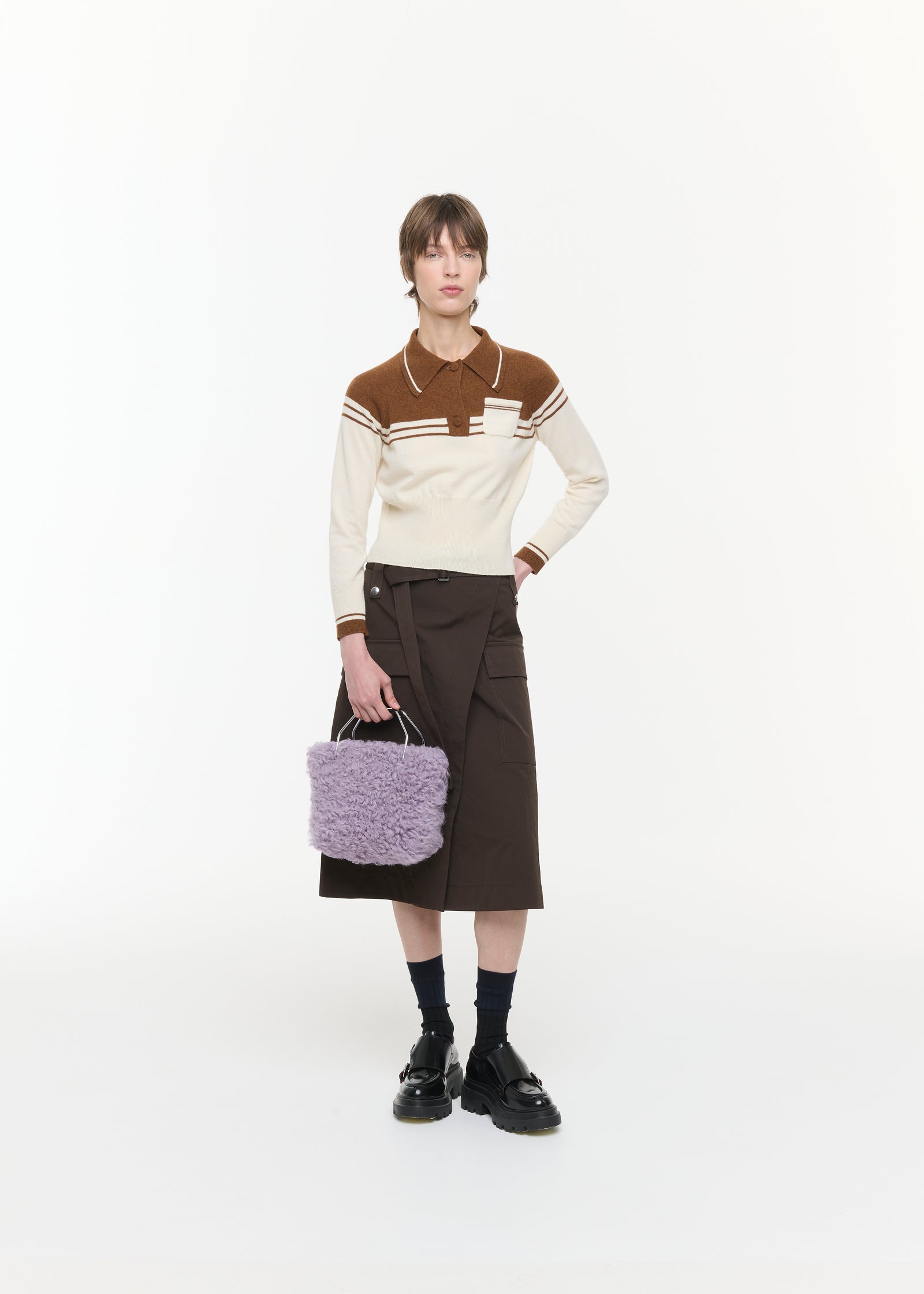 BROWN AND CREAM WOOL CASHMERE POLO SHIRT
