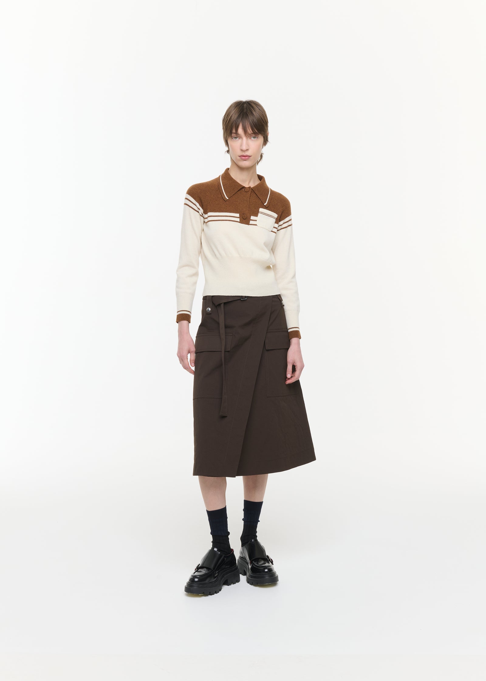 BROWN AND CREAM WOOL CASHMERE POLO SHIRT