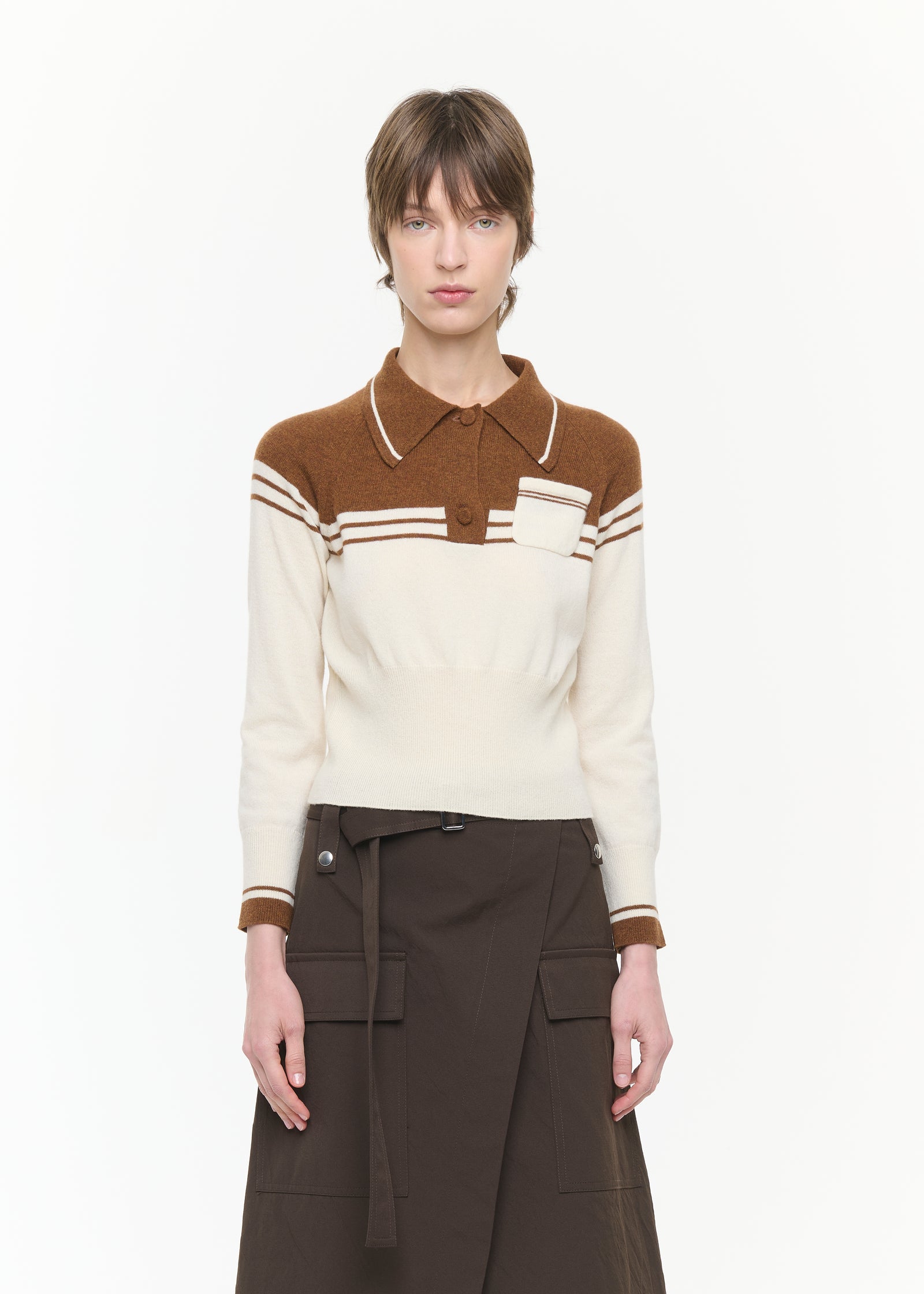 BROWN AND CREAM WOOL CASHMERE POLO SHIRT