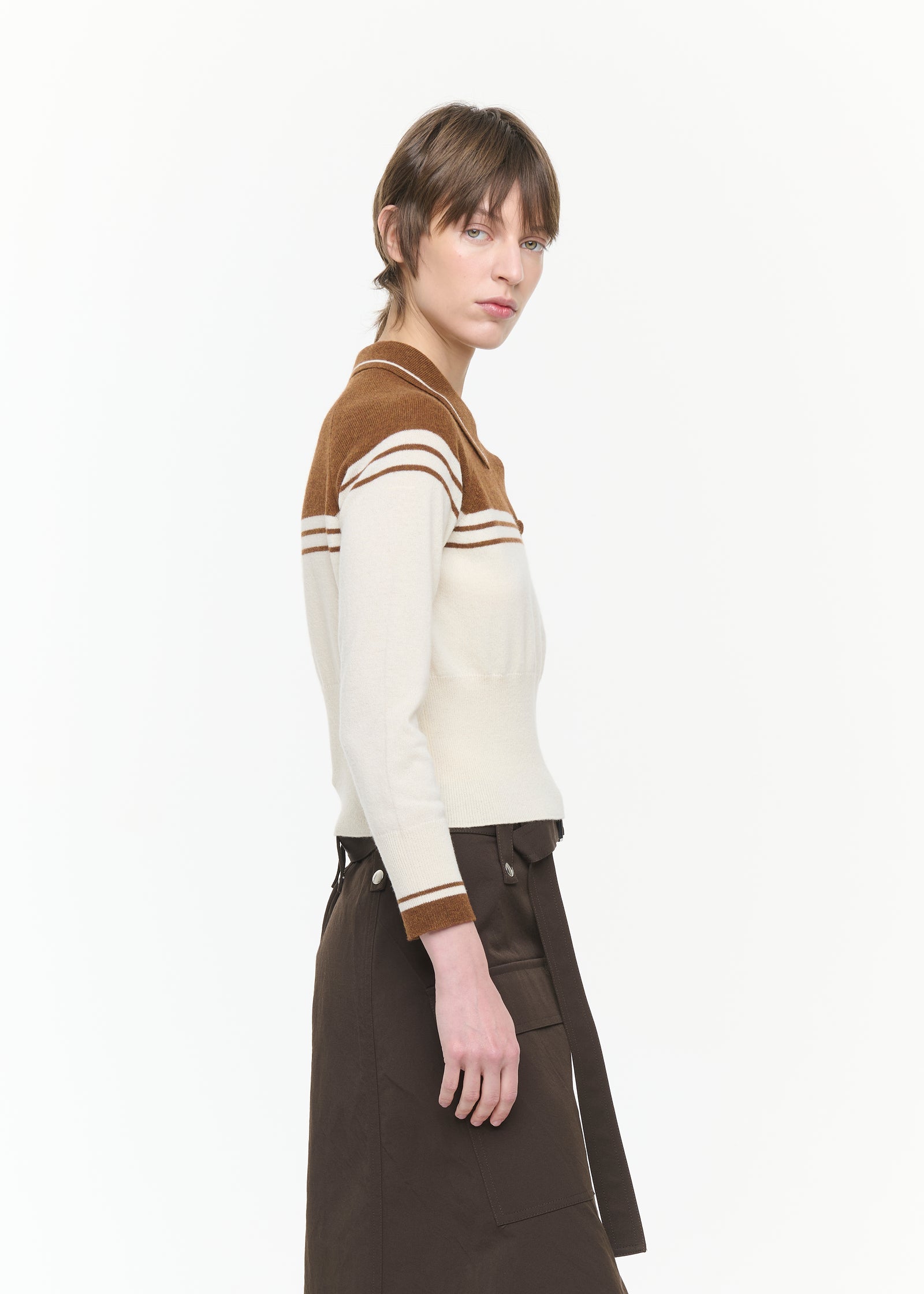 BROWN AND CREAM WOOL CASHMERE POLO SHIRT