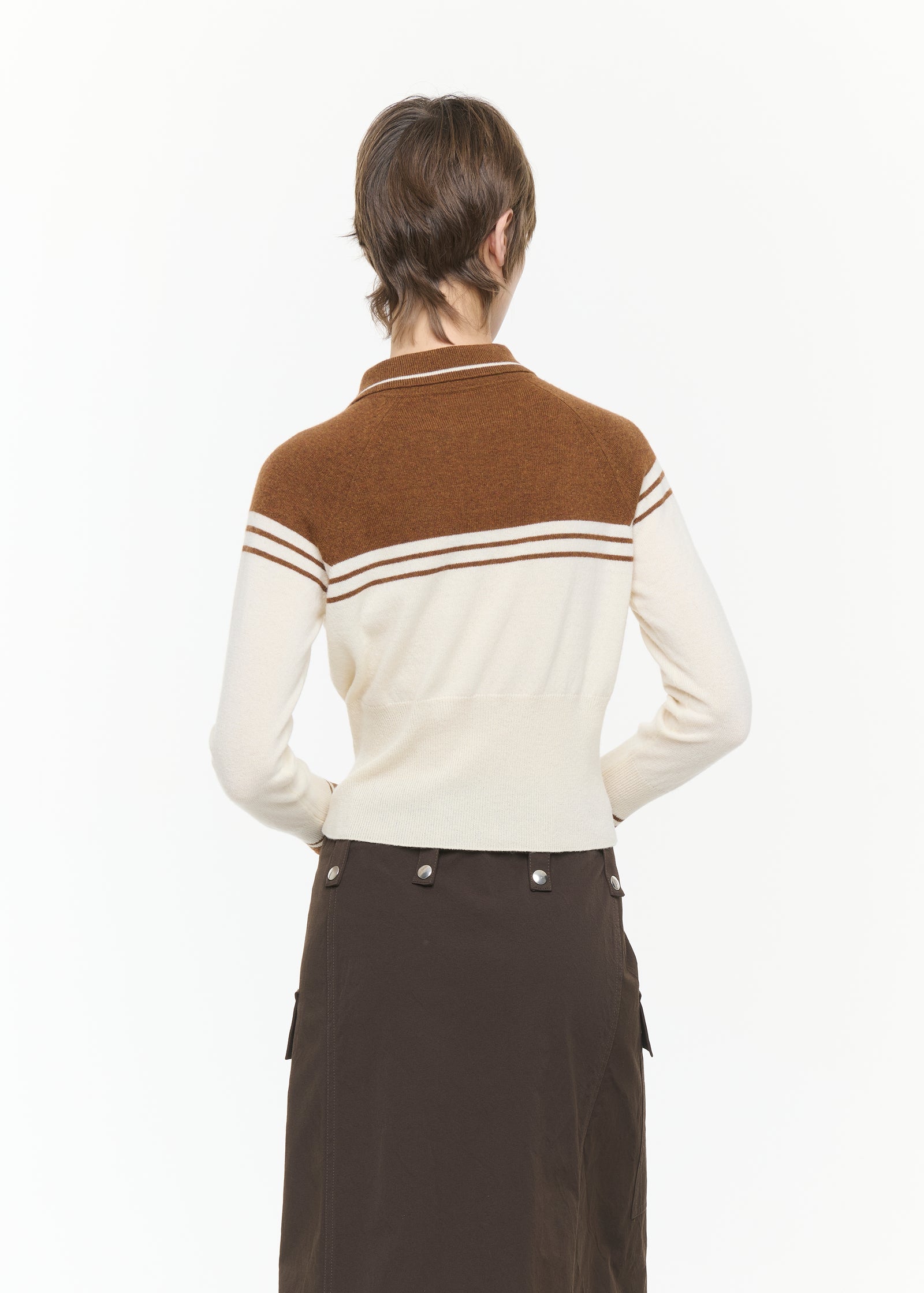 BROWN AND CREAM WOOL CASHMERE POLO SHIRT