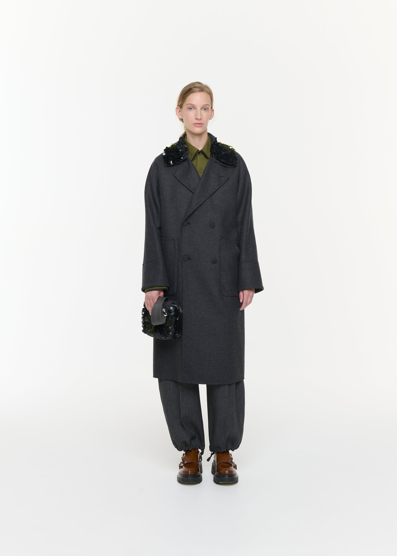 MELANGE WOOL COAT WITH SEQUIN COLLAR