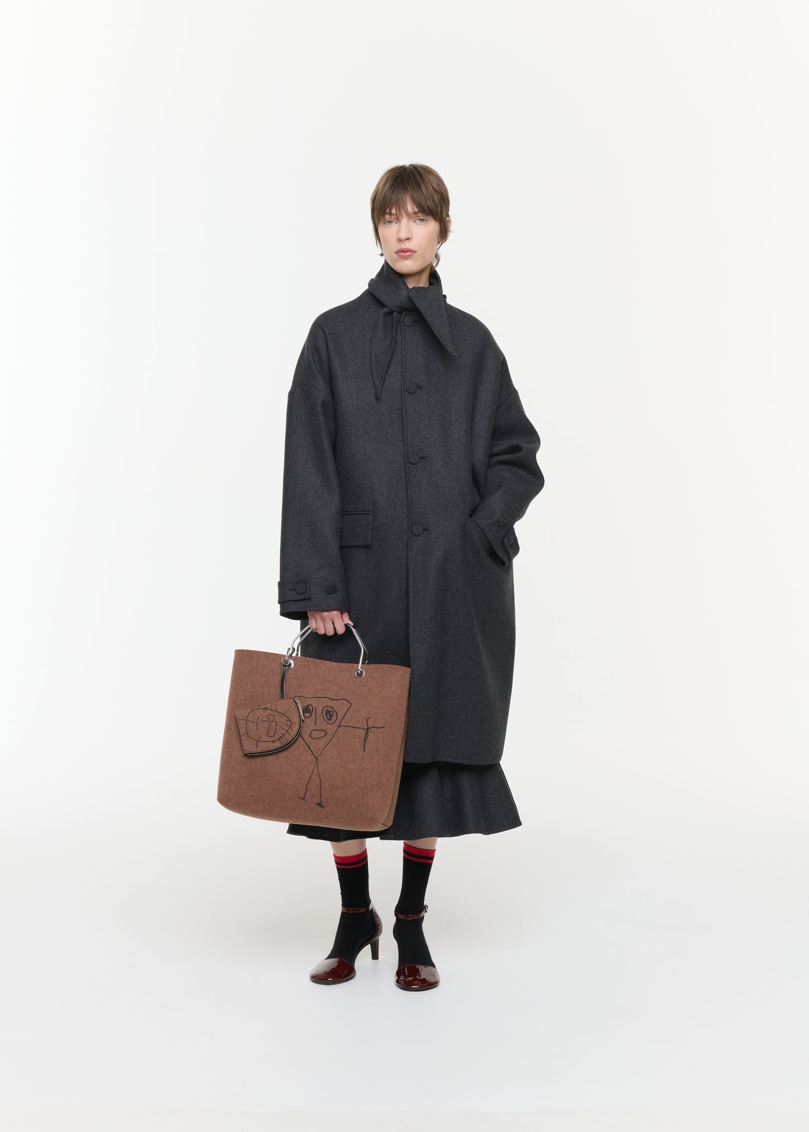 DOUBLE FACED WOOL MELANGE COAT WITH SCARF