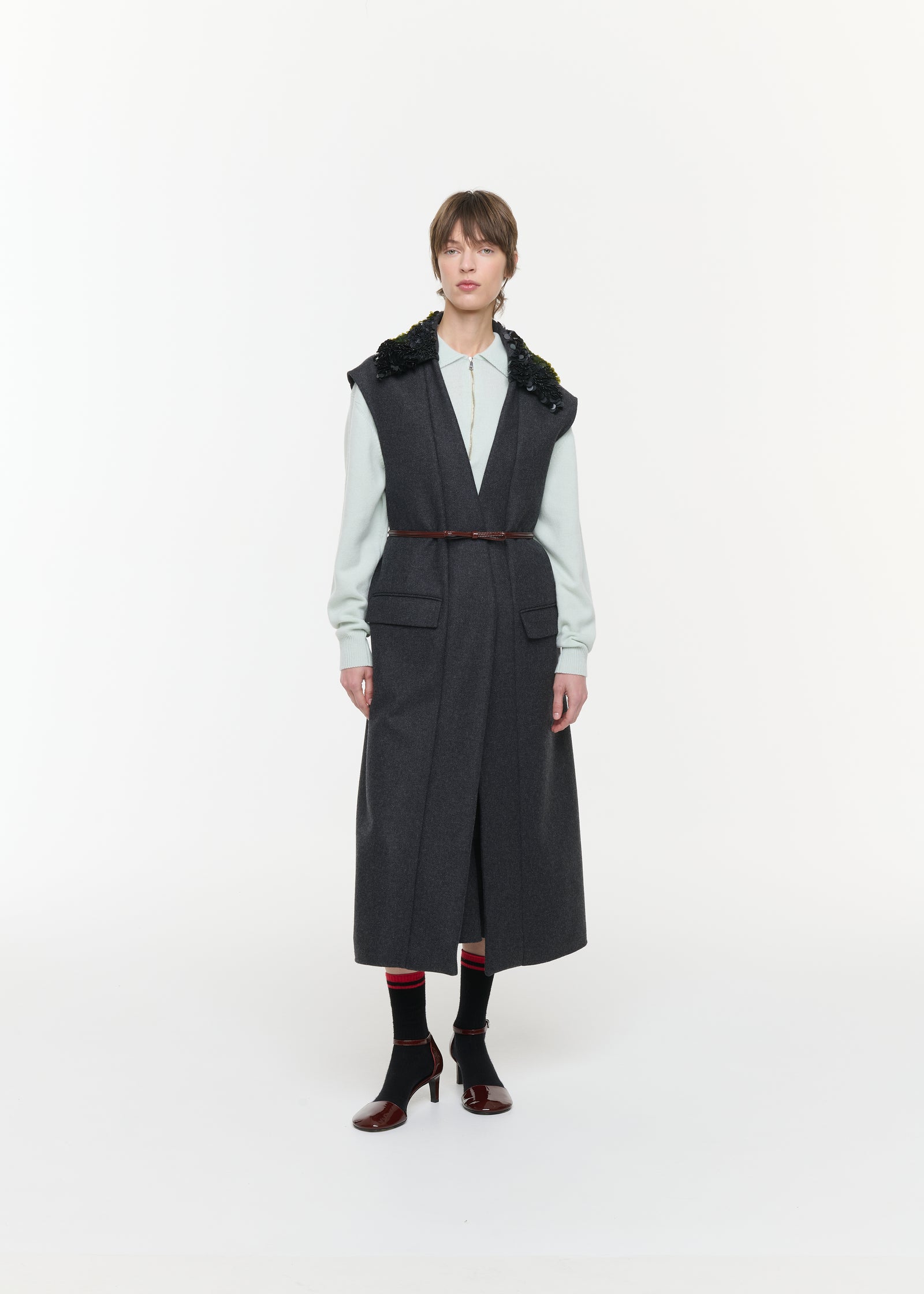 DOUBLE WOOL VEST WITH EMBROIDERED COLLAR