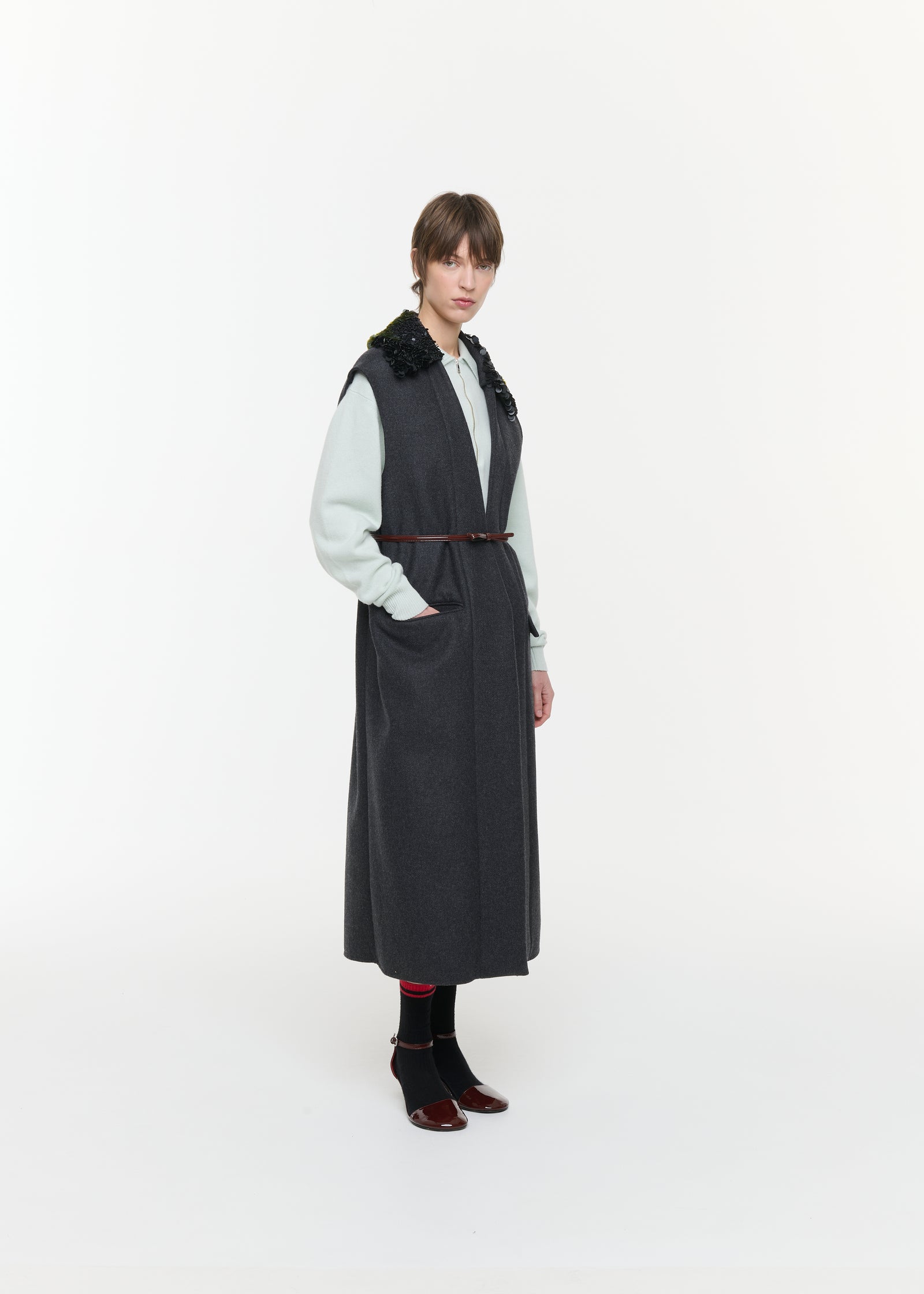 DOUBLE WOOL VEST WITH EMBROIDERED COLLAR