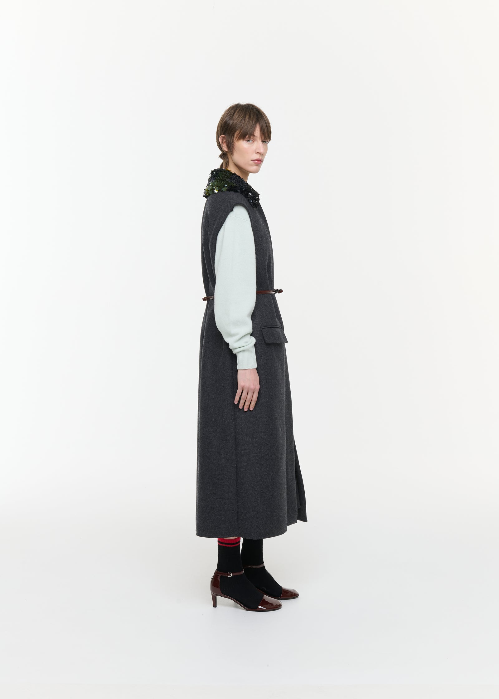 DOUBLE WOOL VEST WITH EMBROIDERED COLLAR