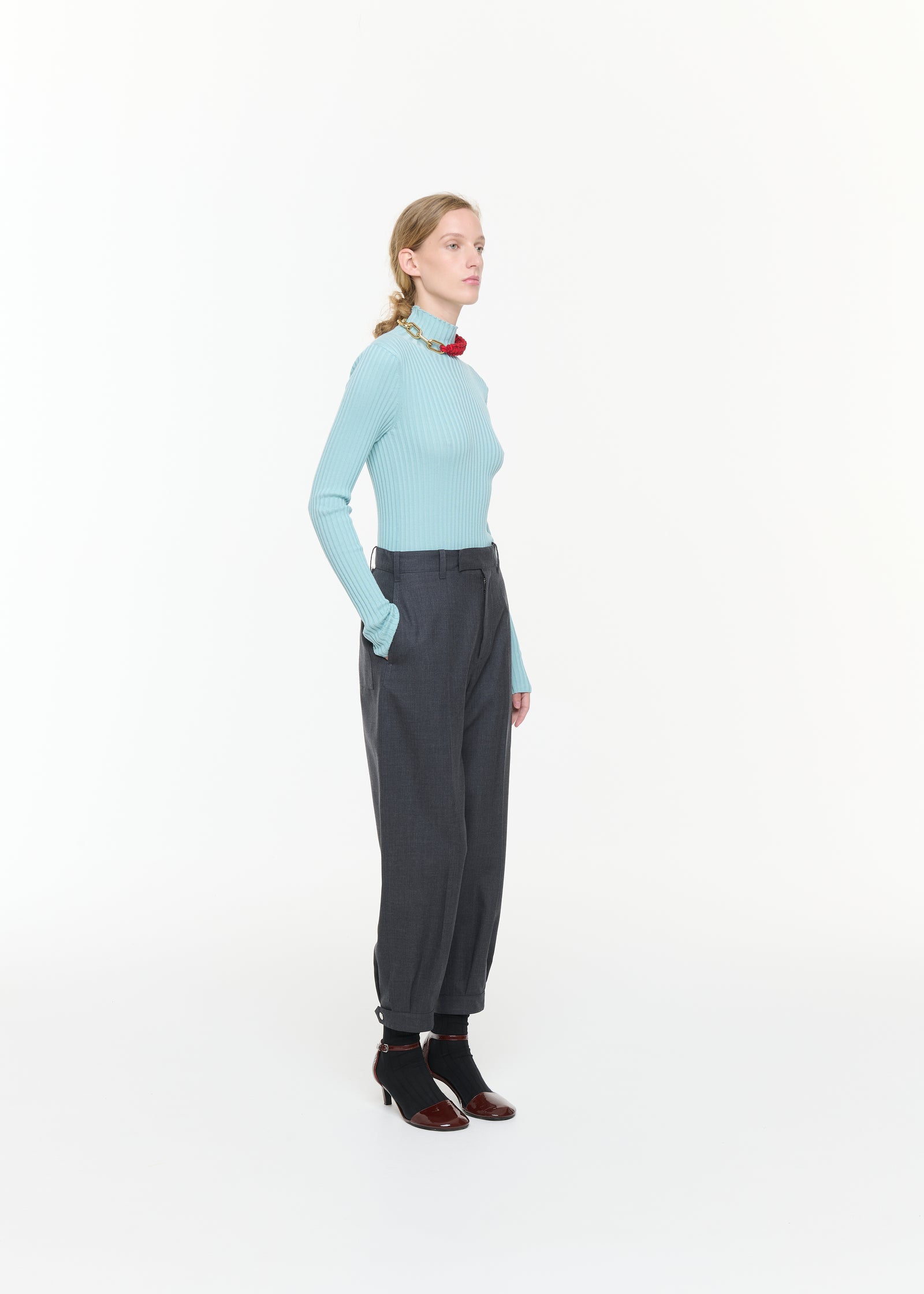 GREY MELANGE WOOL TWILL TROUSERS