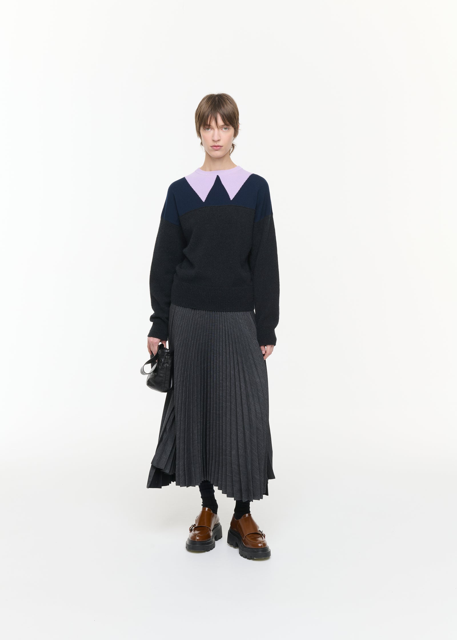 GREY MELANGE PLEATED MIDI SKIRT