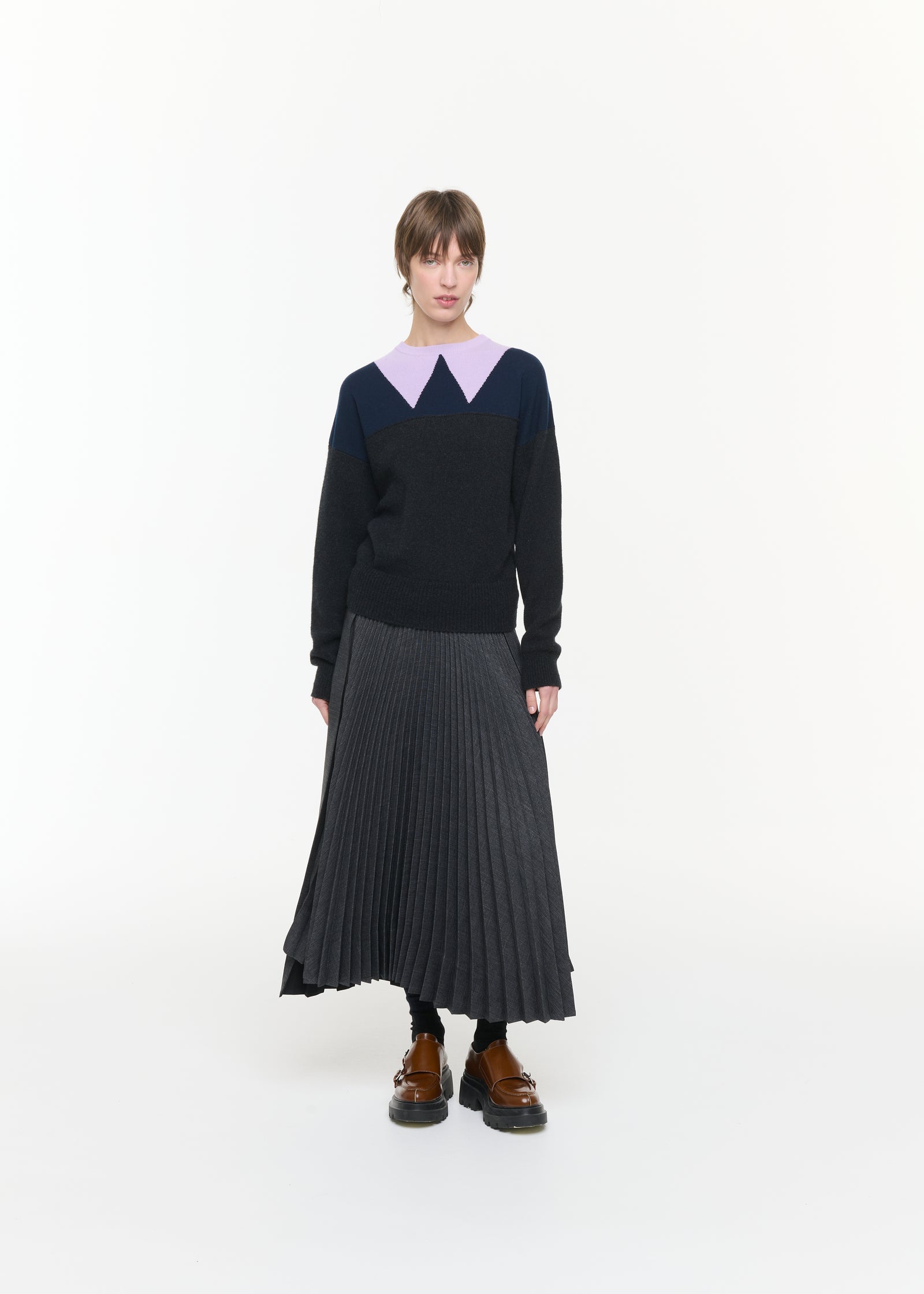 GREY MELANGE PLEATED MIDI SKIRT