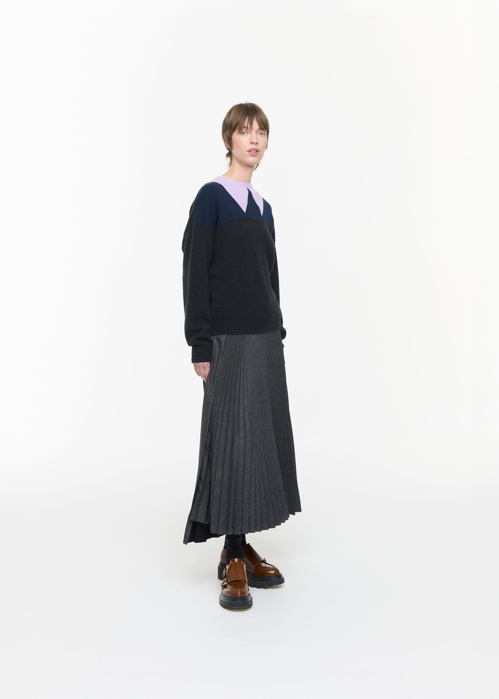 GREY MELANGE PLEATED MIDI SKIRT