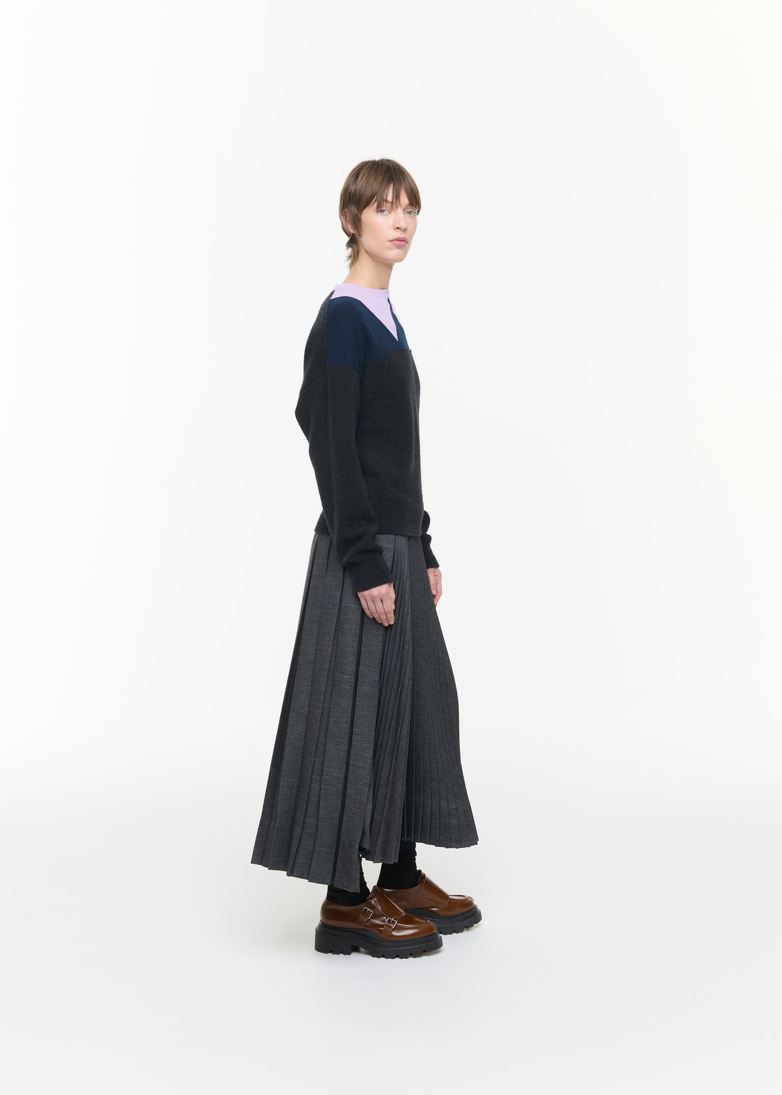 GREY MELANGE PLEATED MIDI SKIRT