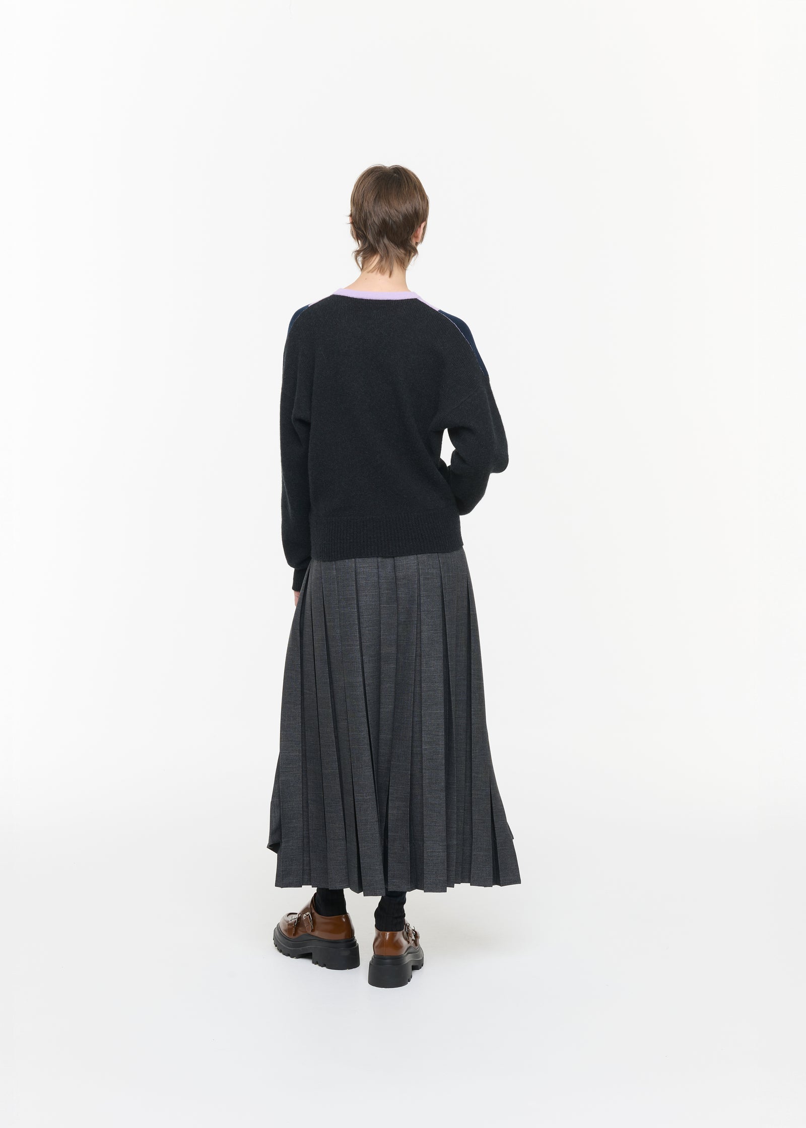 GREY MELANGE PLEATED MIDI SKIRT