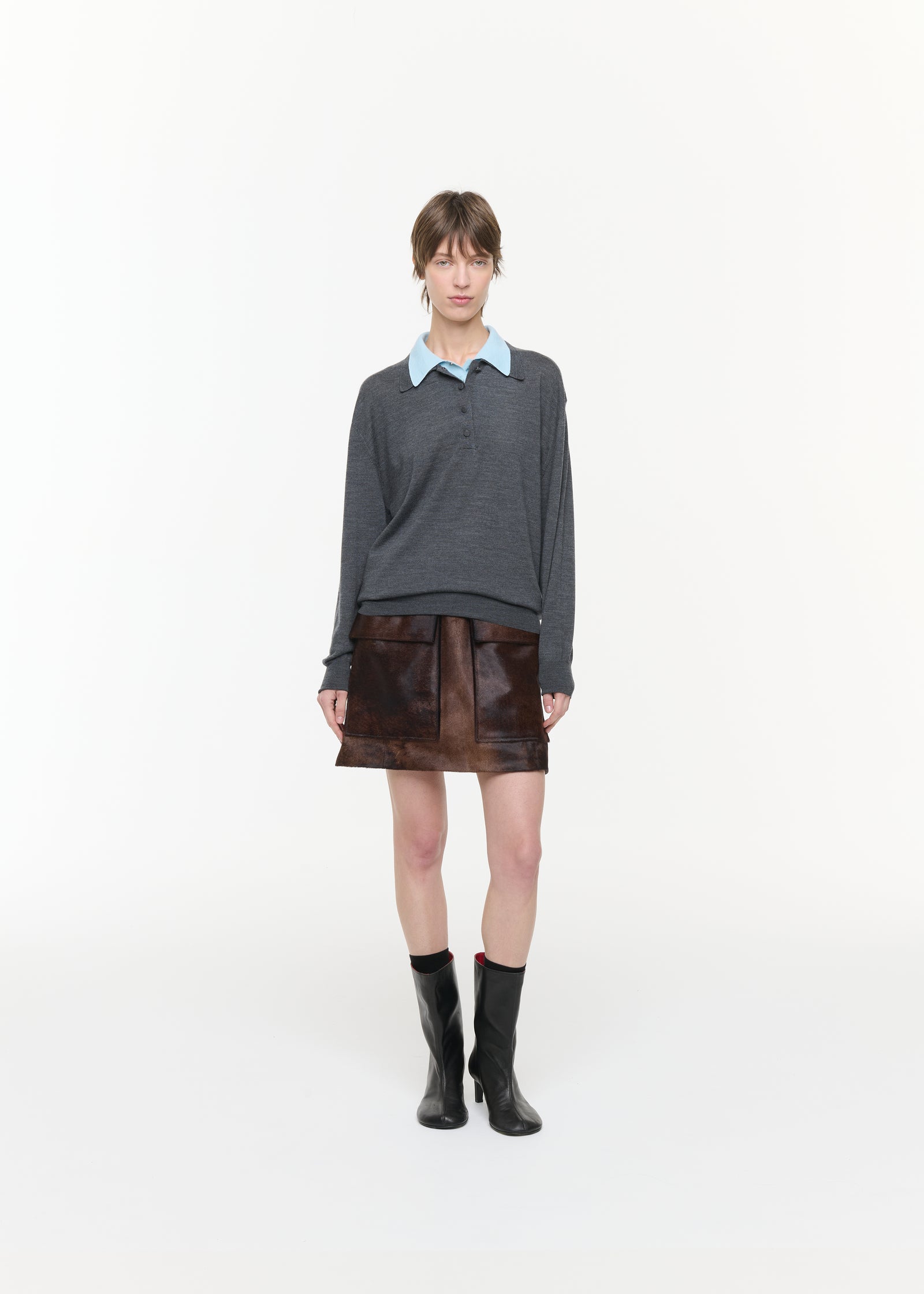 GRAY BLUE DOUBLE COLLAR POLO SWEATER