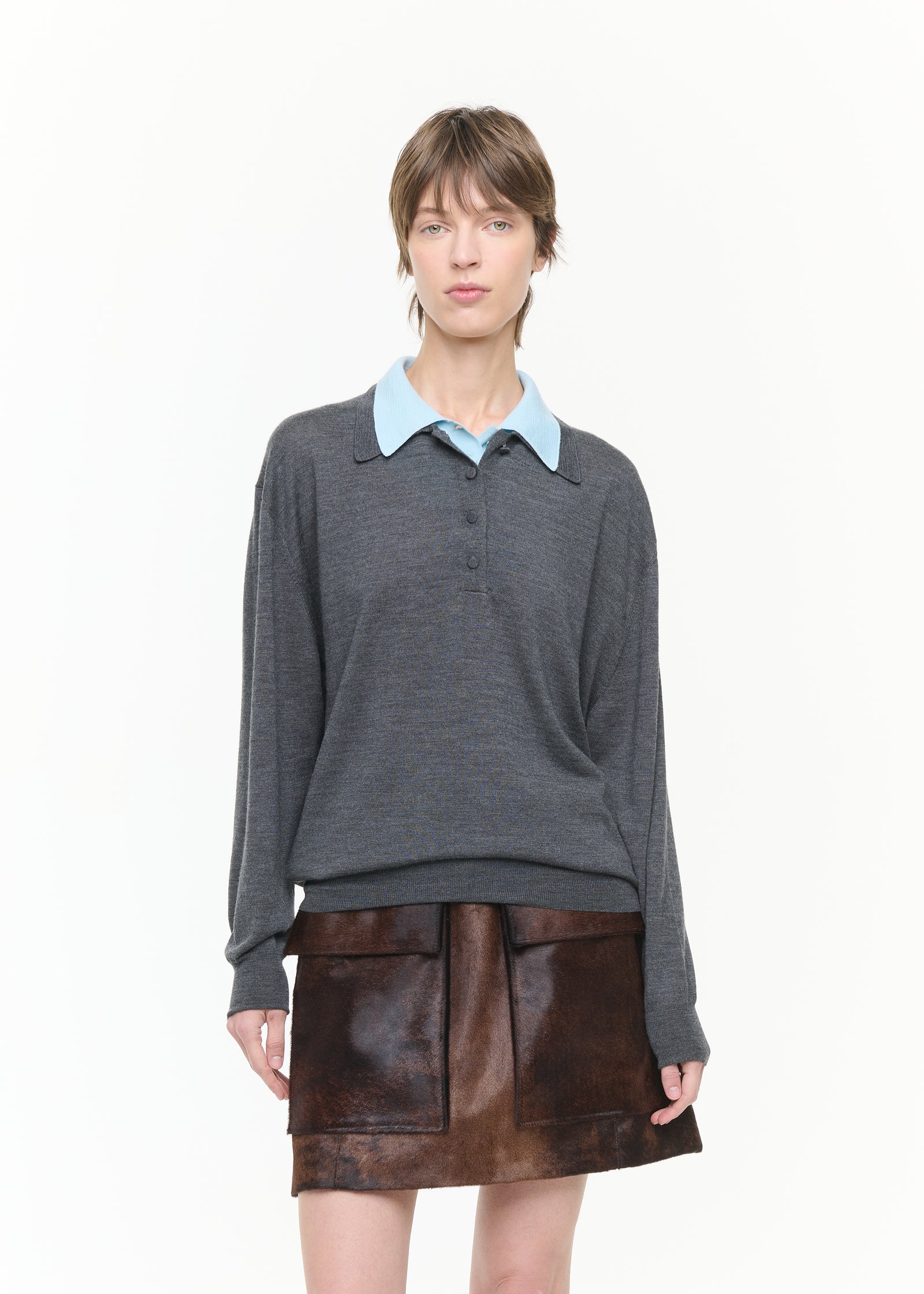 GRAY BLUE DOUBLE COLLAR POLO SWEATER