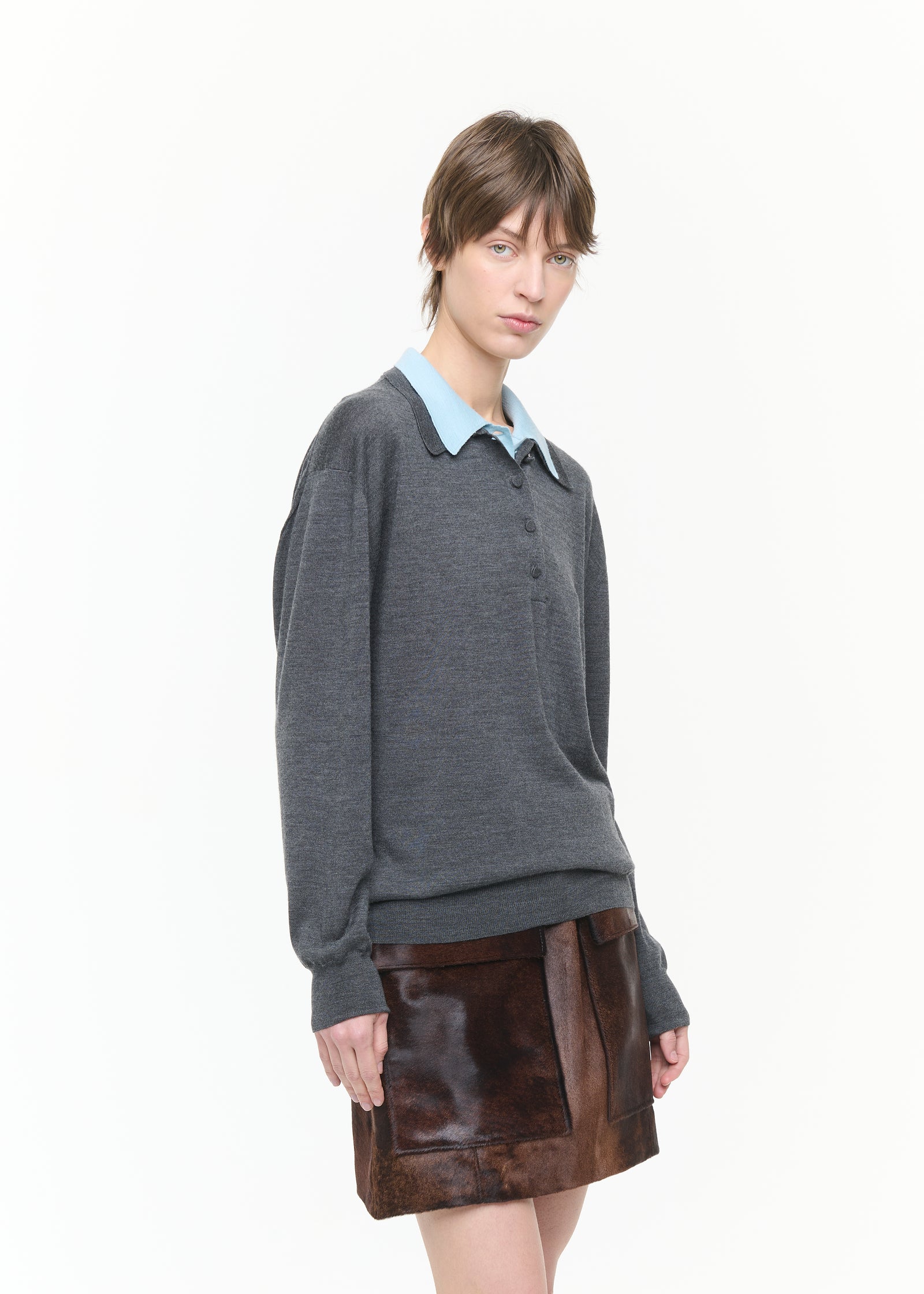 GRAY BLUE DOUBLE COLLAR POLO SWEATER