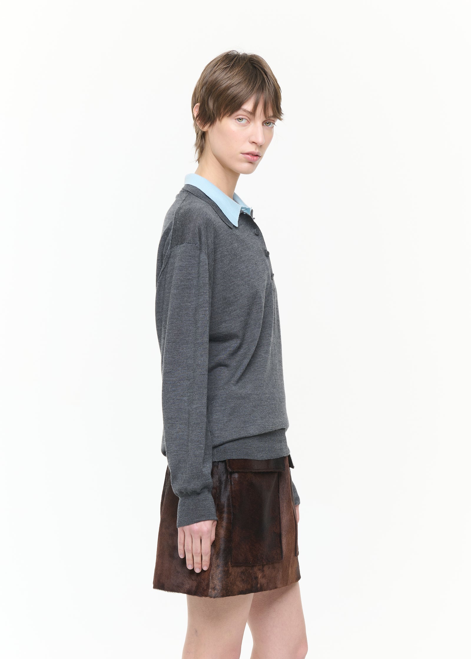 GRAY BLUE DOUBLE COLLAR POLO SWEATER