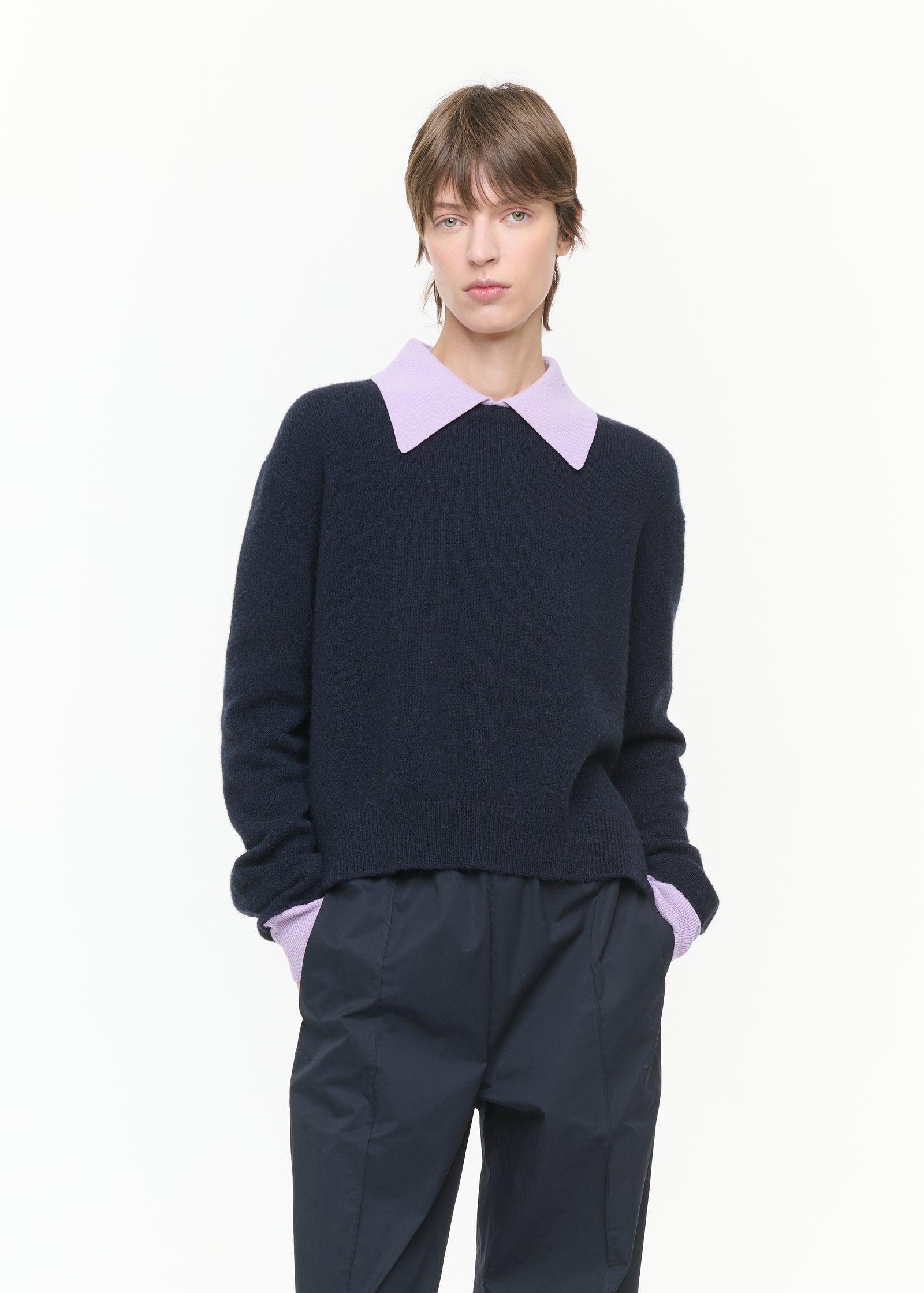 BLUE SWEATER WITH CONTRAST LILAC