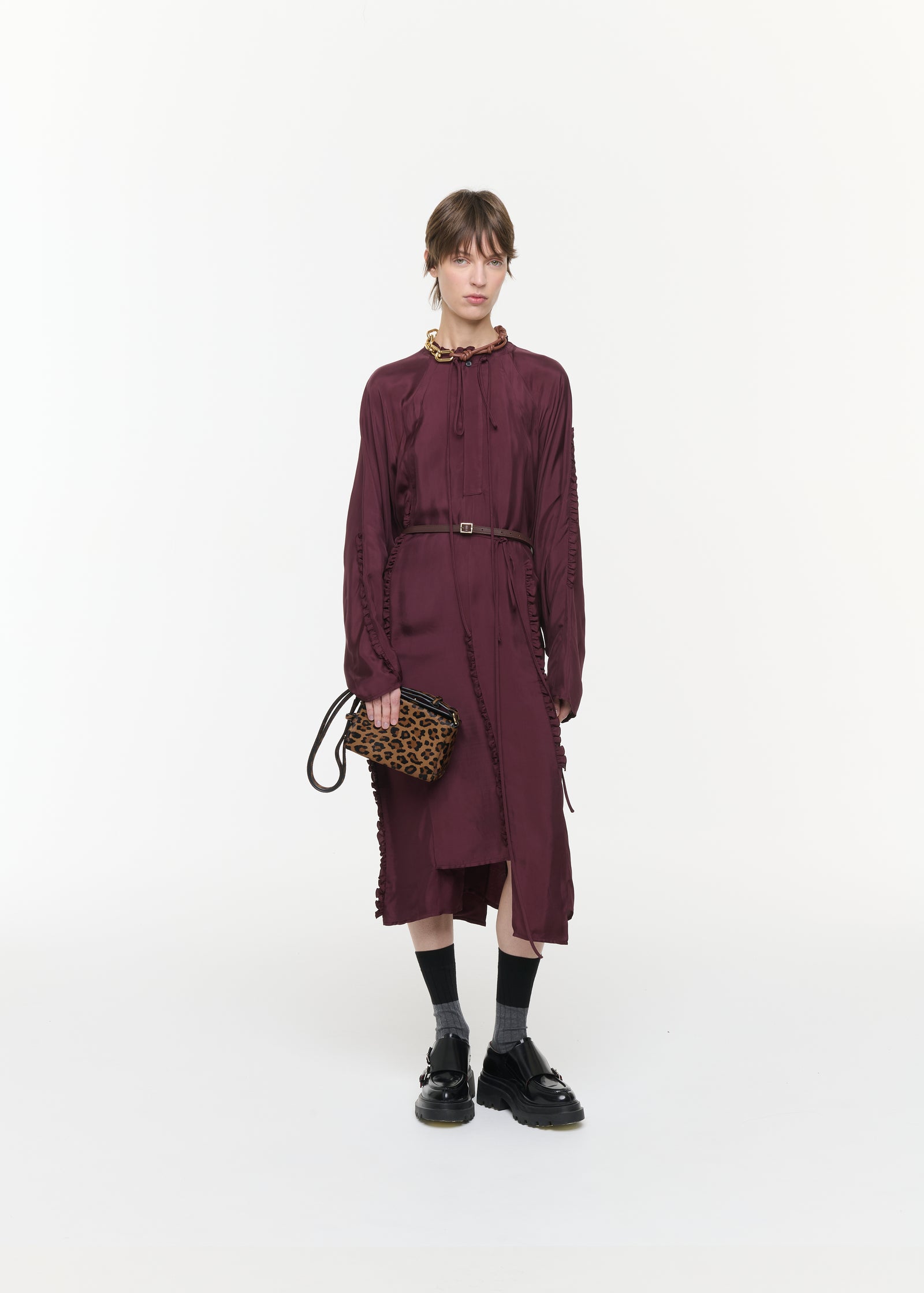 BURGUNDY RUFFLED TWILL DRESS