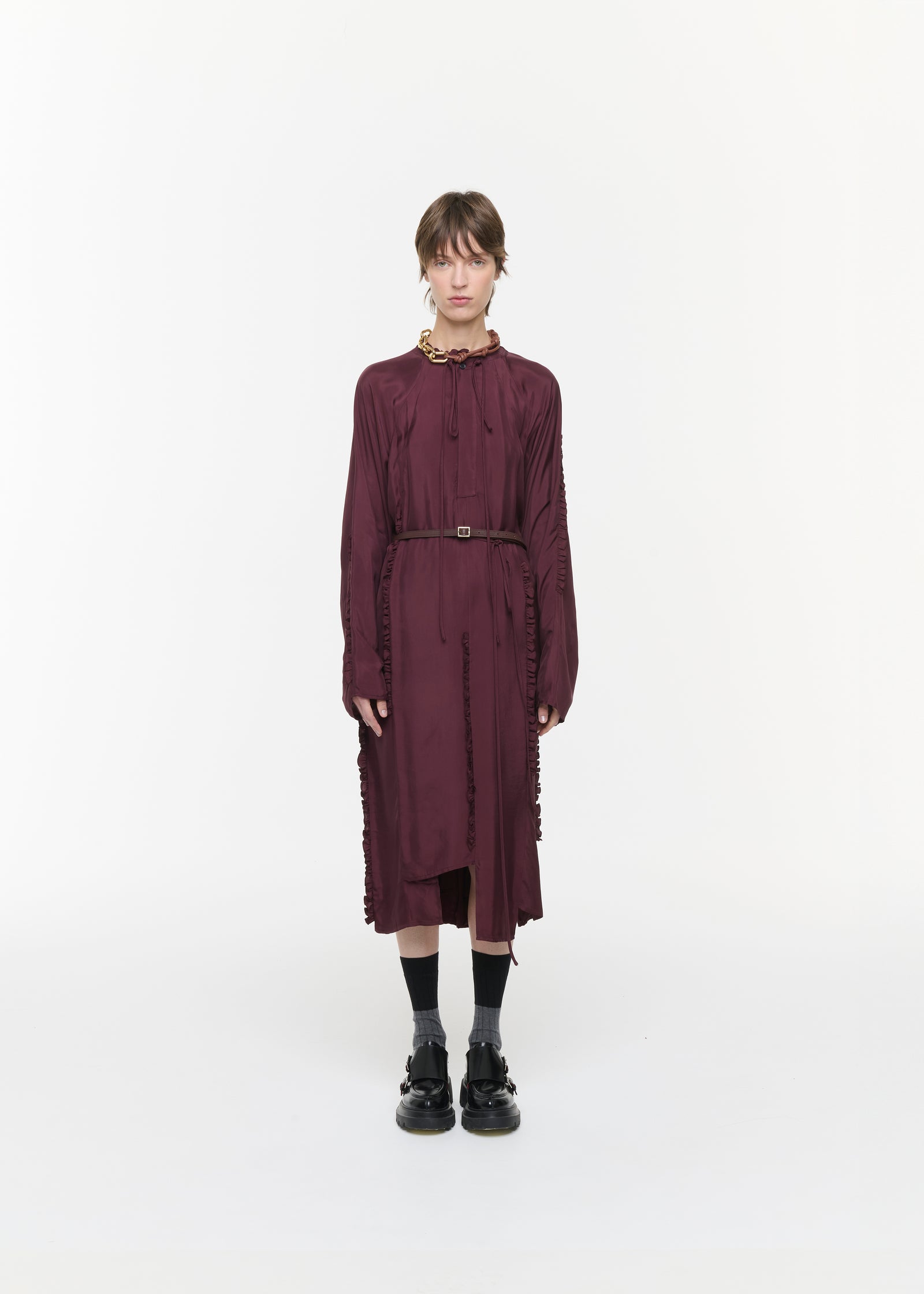 BURGUNDY RUFFLED TWILL DRESS