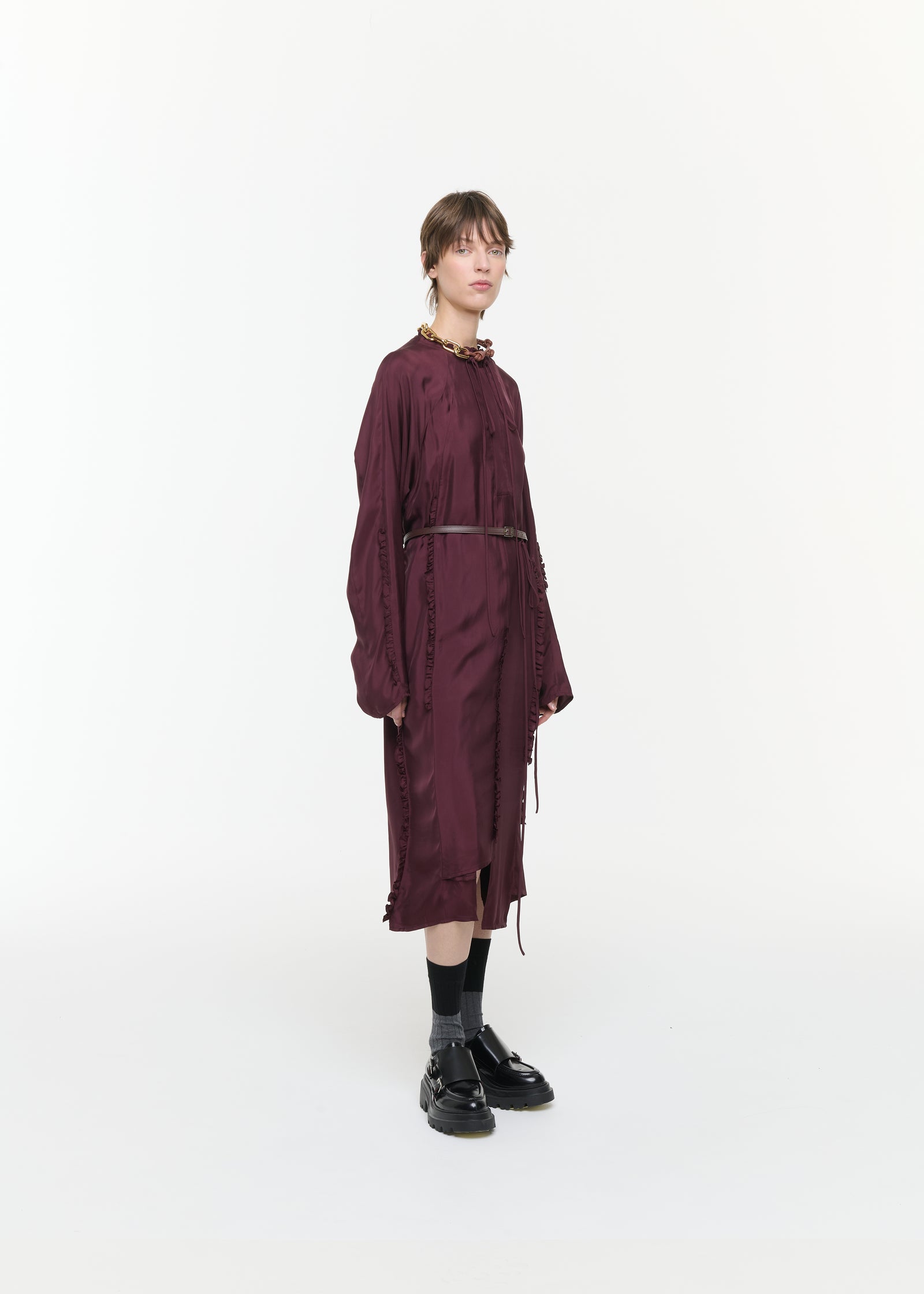 BURGUNDY RUFFLED TWILL DRESS