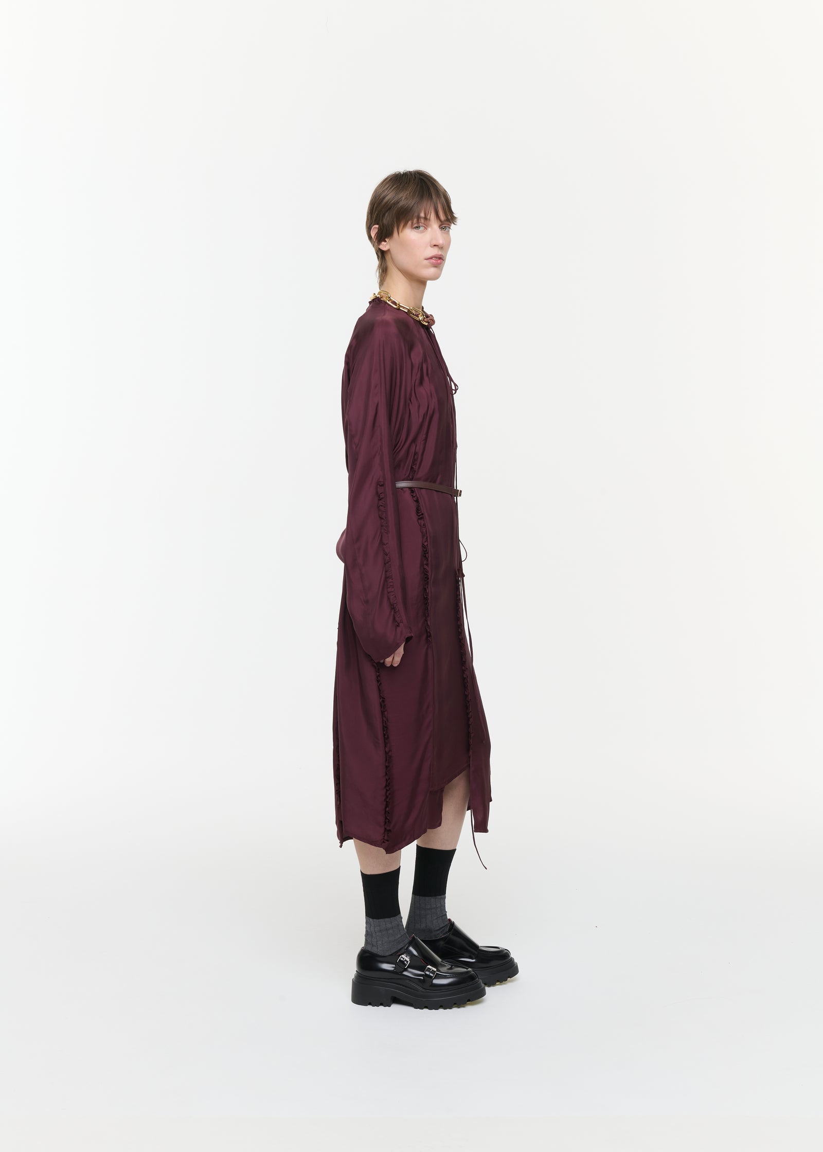 BURGUNDY RUFFLED TWILL DRESS
