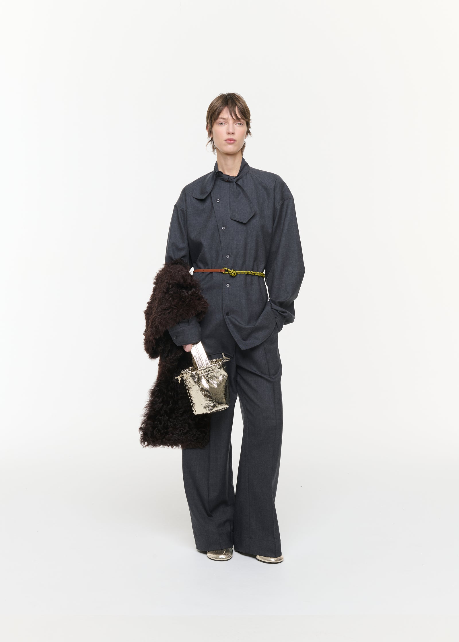 ASYMMETRIC SCARF COLLAR WOOL SHIRT