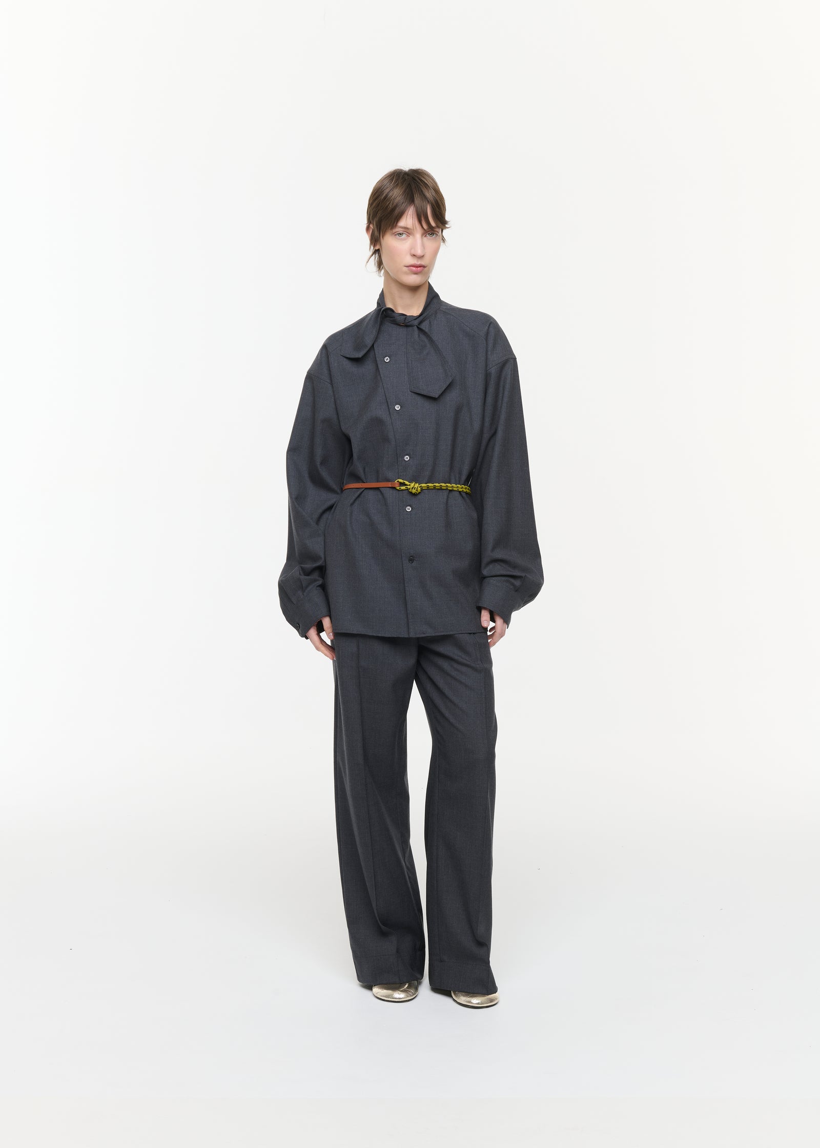 ASYMMETRIC SCARF COLLAR WOOL SHIRT