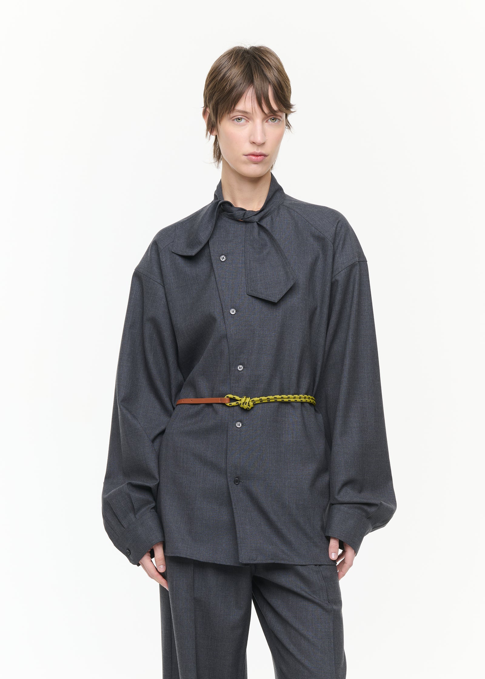 ASYMMETRIC SCARF COLLAR WOOL SHIRT