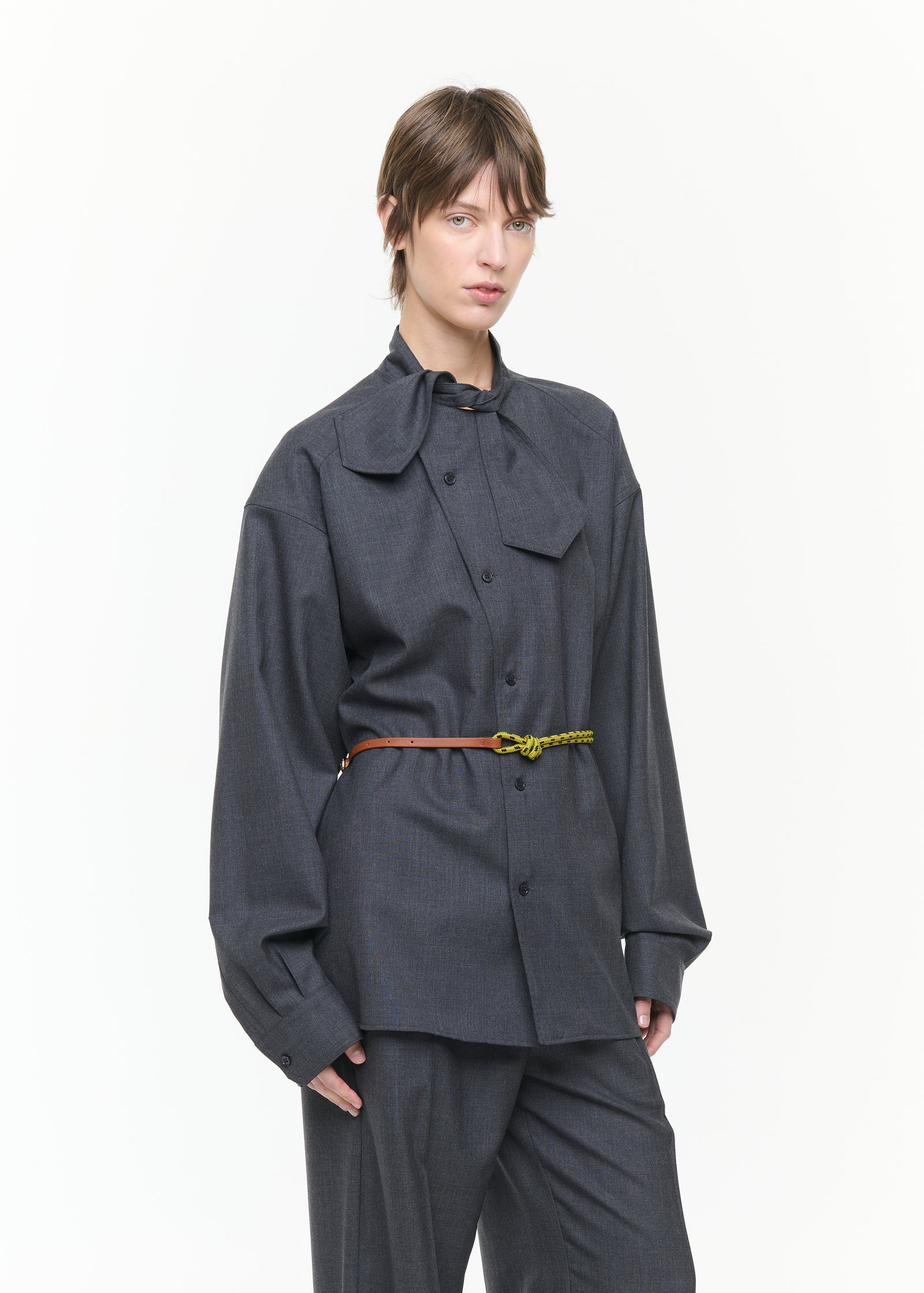 ASYMMETRIC SCARF COLLAR WOOL SHIRT