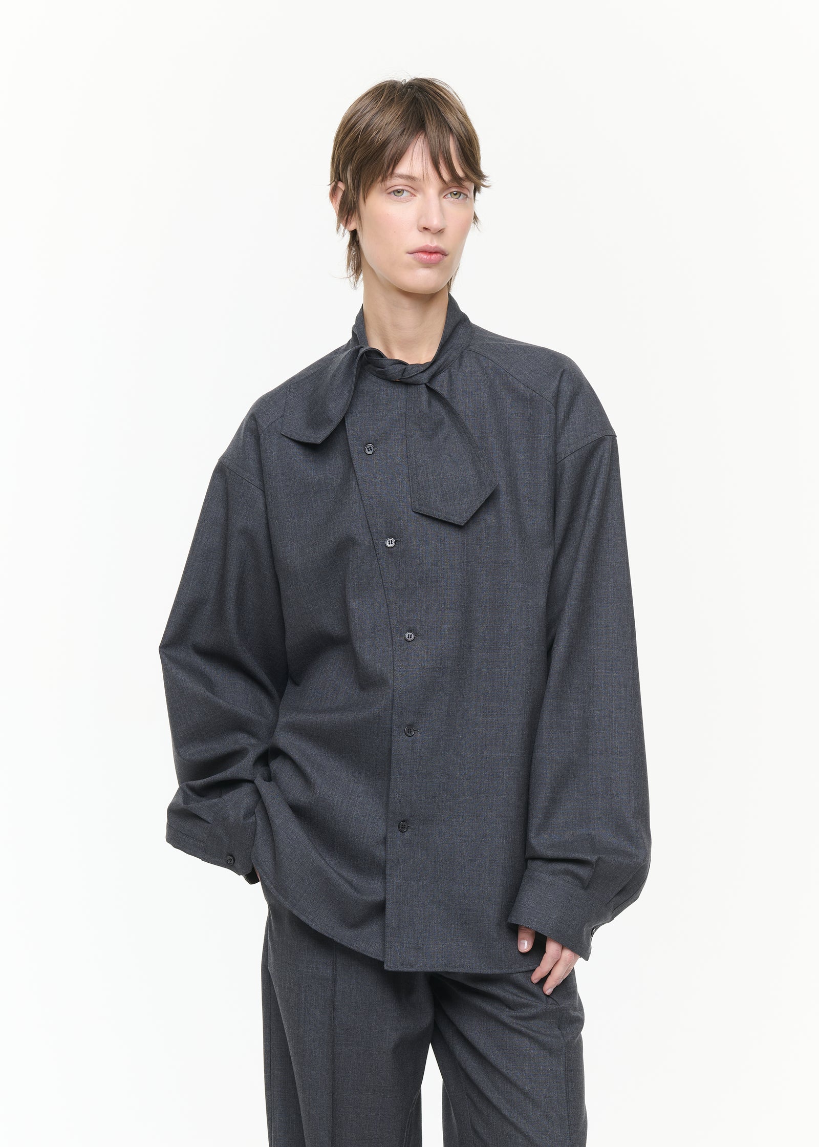 ASYMMETRIC SCARF COLLAR WOOL SHIRT