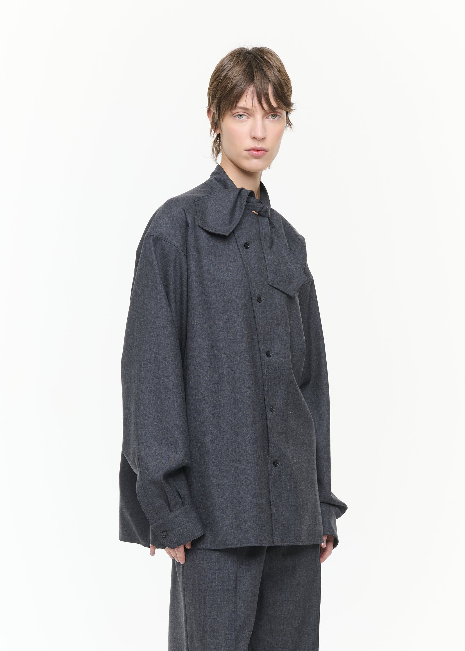ASYMMETRIC SCARF COLLAR WOOL SHIRT