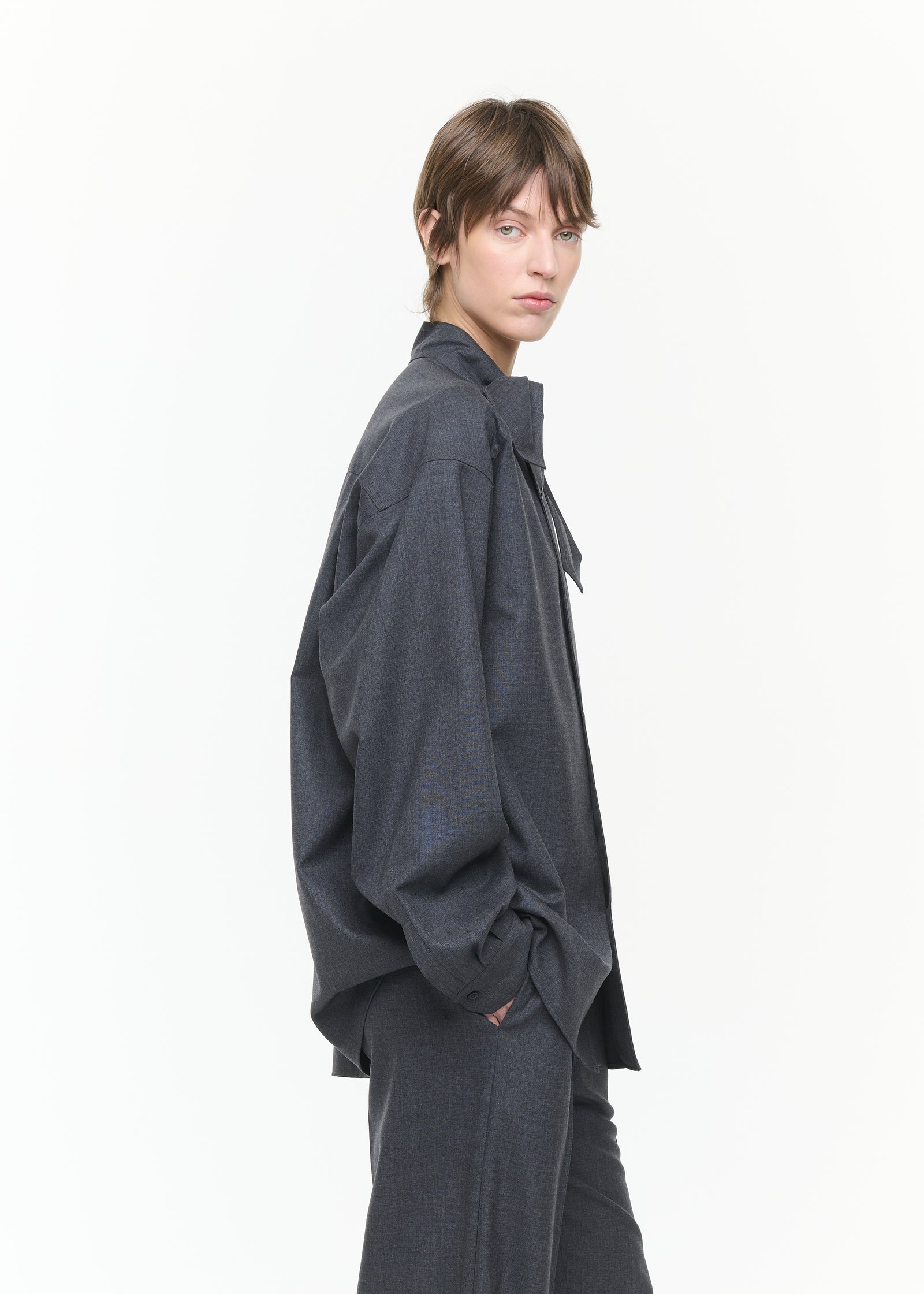 ASYMMETRIC SCARF COLLAR WOOL SHIRT
