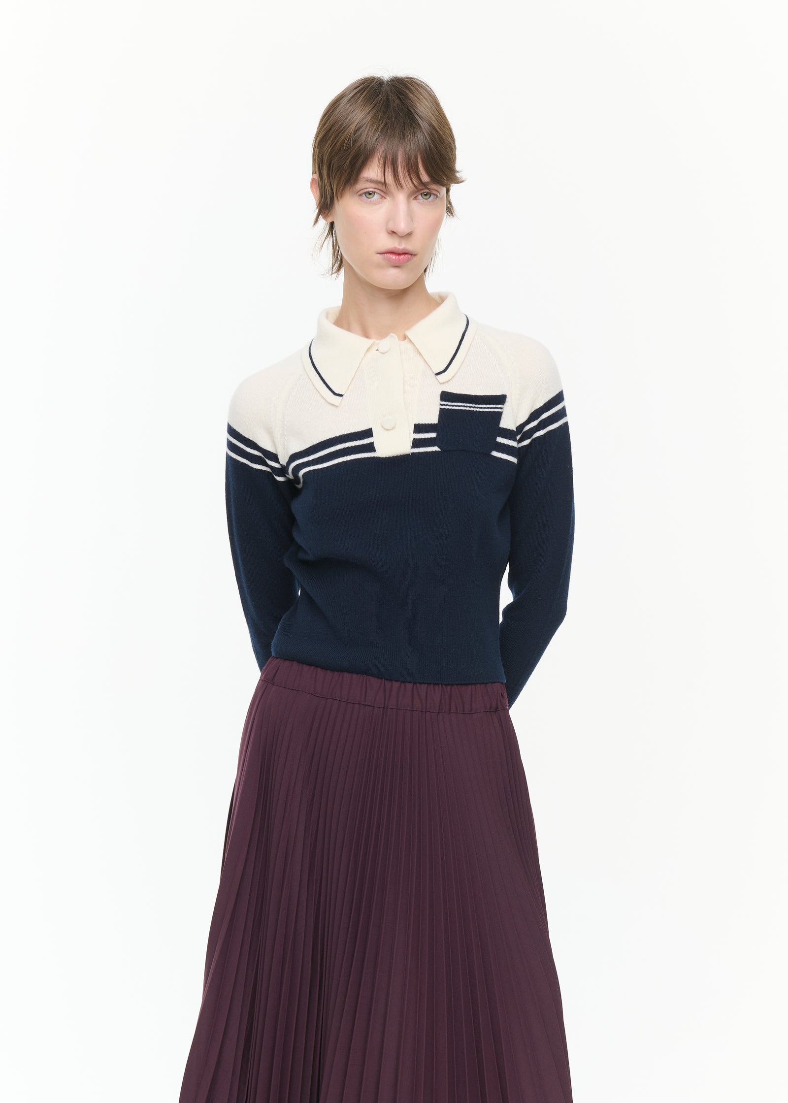 NAVY AND CREAM WOOL CASHMERE POLO SHIRT