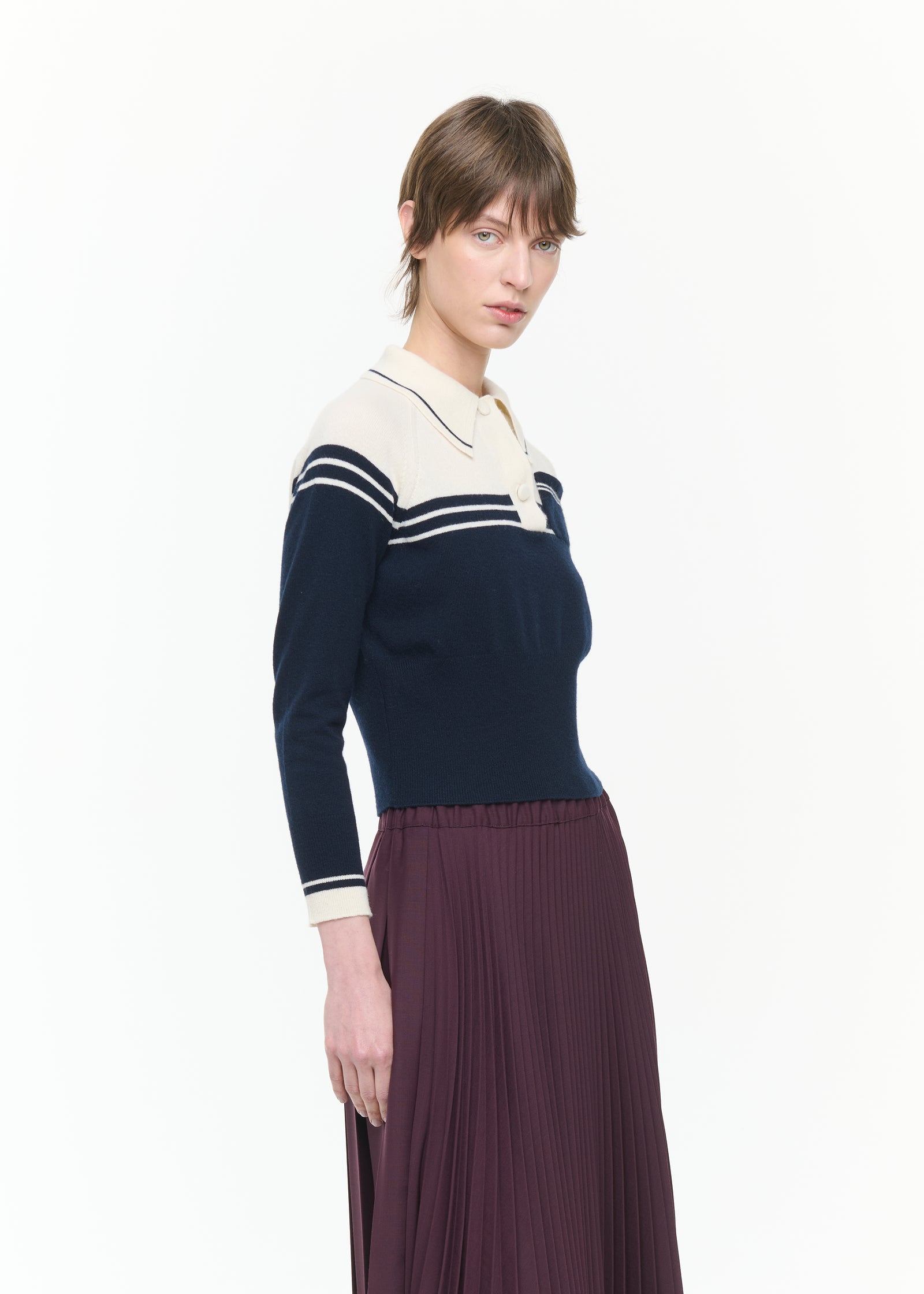 NAVY AND CREAM WOOL CASHMERE POLO SHIRT