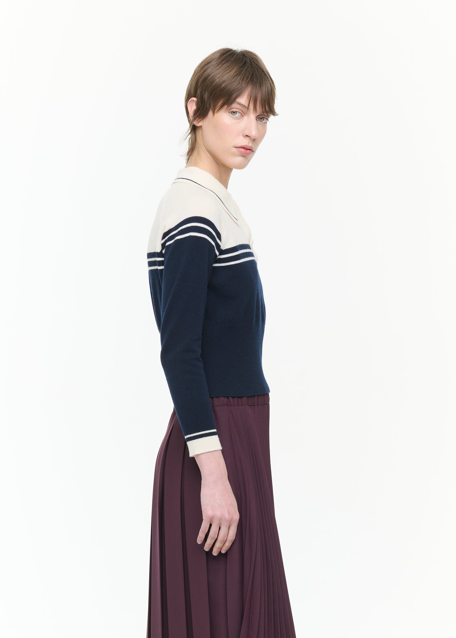 NAVY AND CREAM WOOL CASHMERE POLO SHIRT