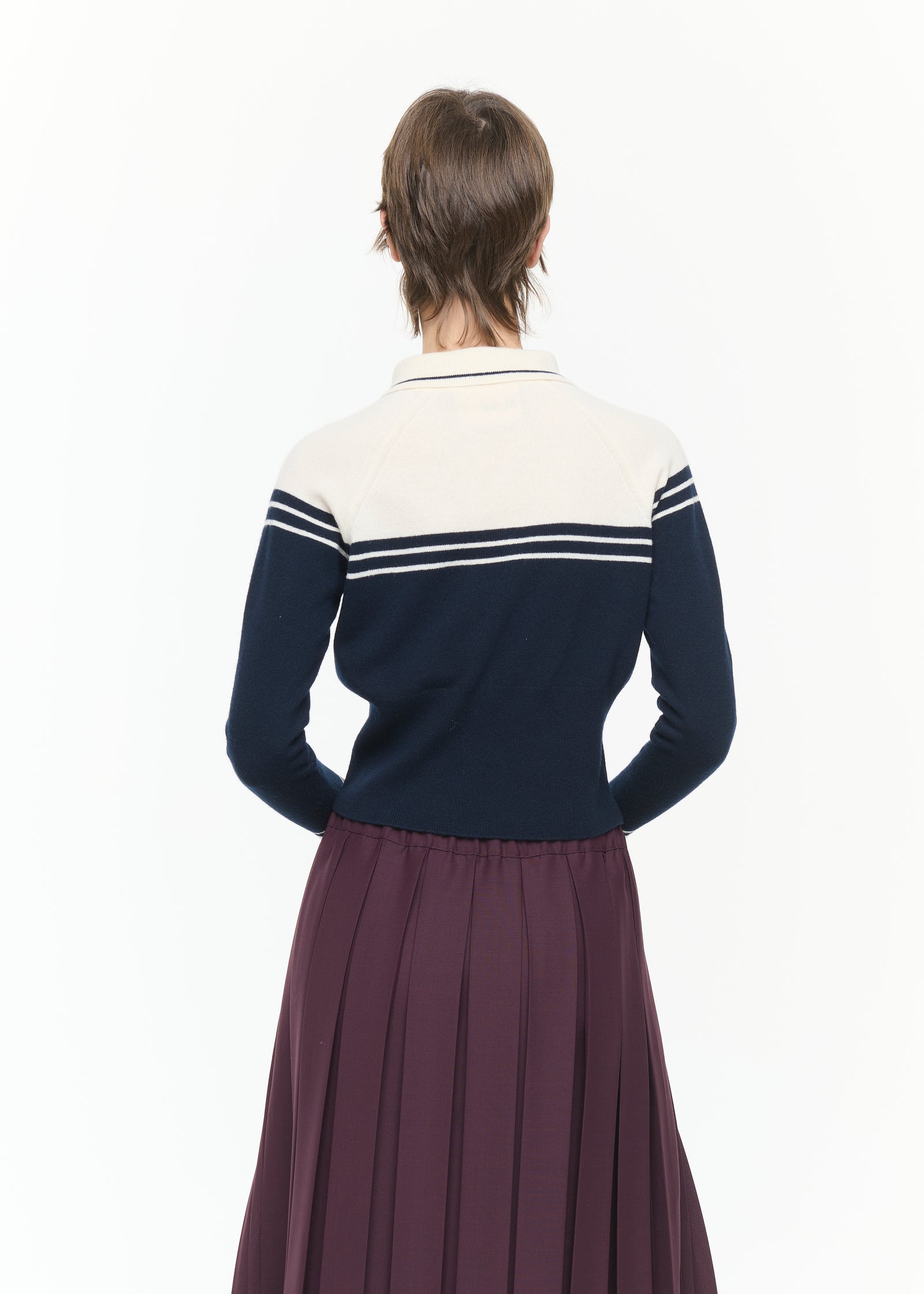 NAVY AND CREAM WOOL CASHMERE POLO SHIRT