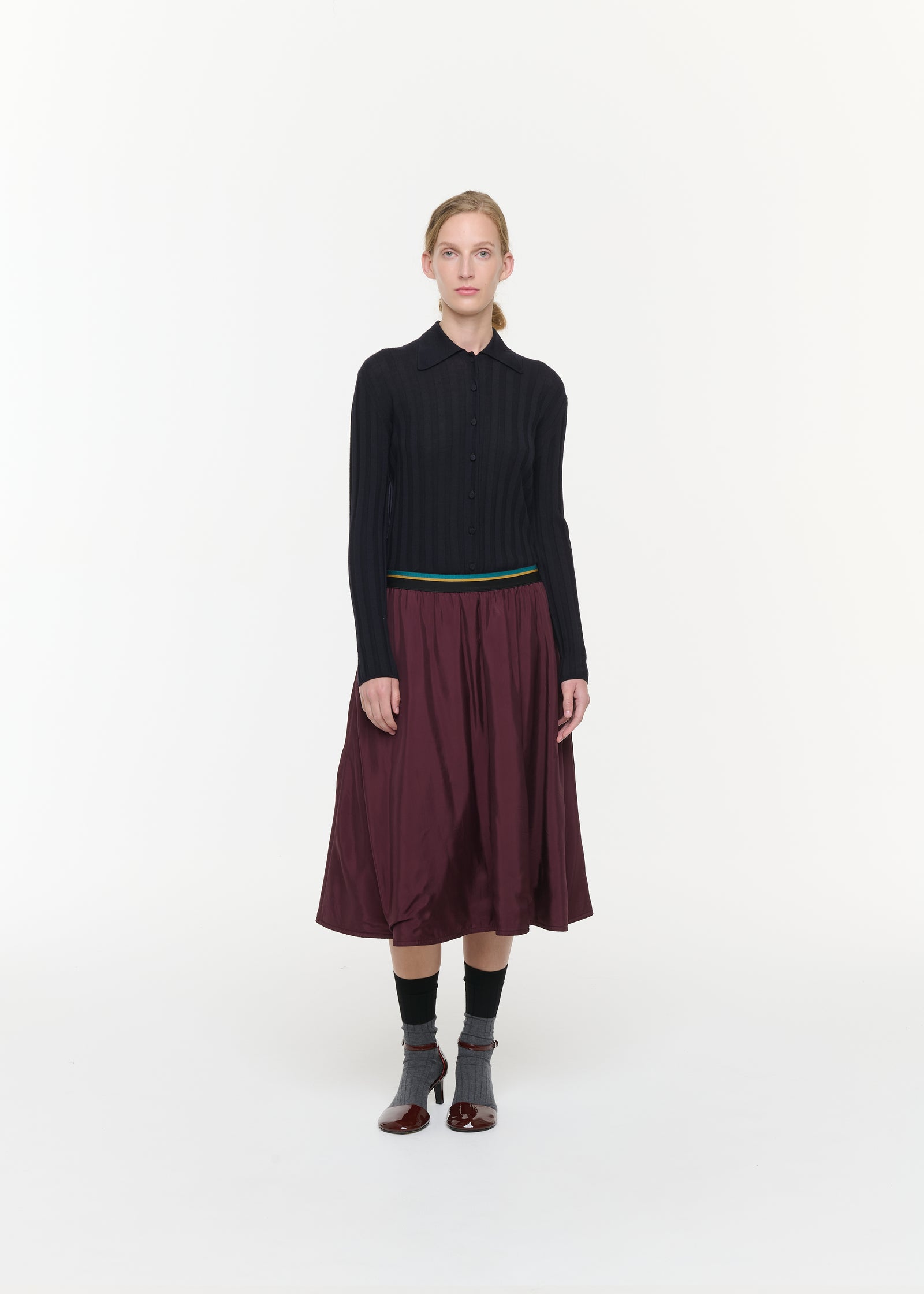 BURGUNDY PADDED TWILL MIDI SKIRT WITH ELASTICATED WAISTBAND