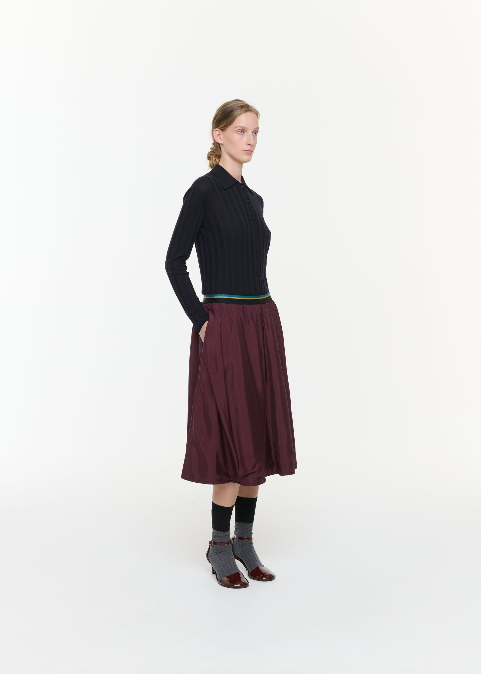BURGUNDY PADDED TWILL MIDI SKIRT WITH ELASTICATED WAISTBAND