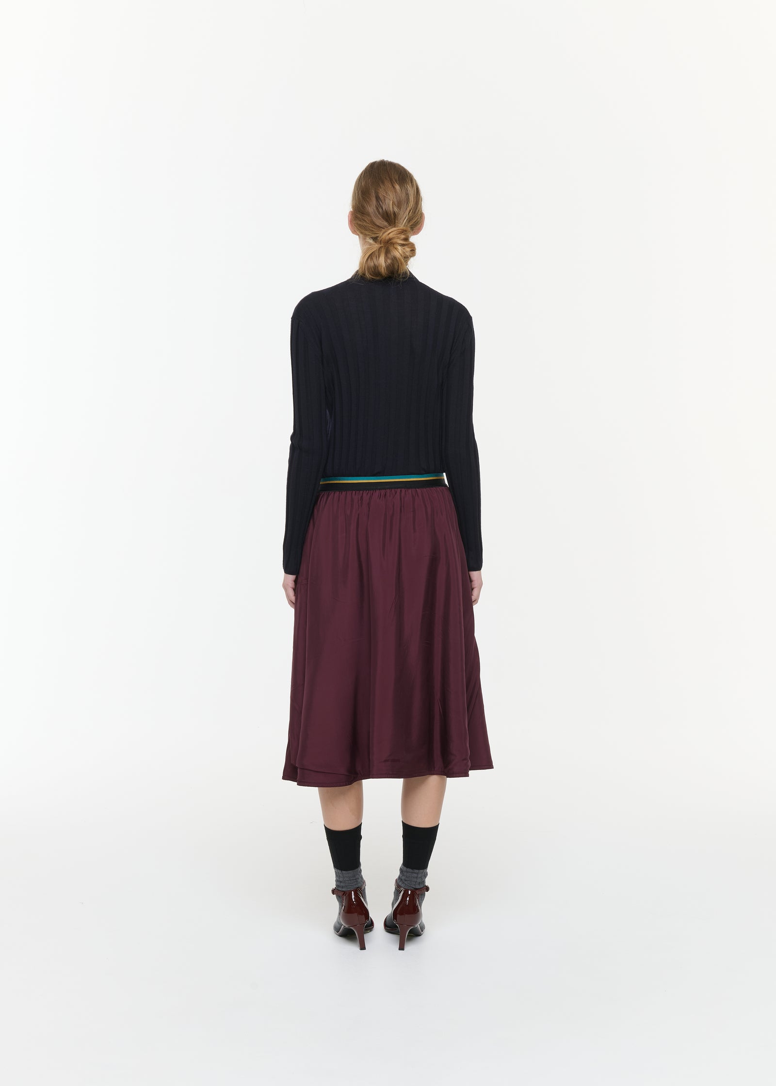 BURGUNDY PADDED TWILL MIDI SKIRT WITH ELASTICATED WAISTBAND