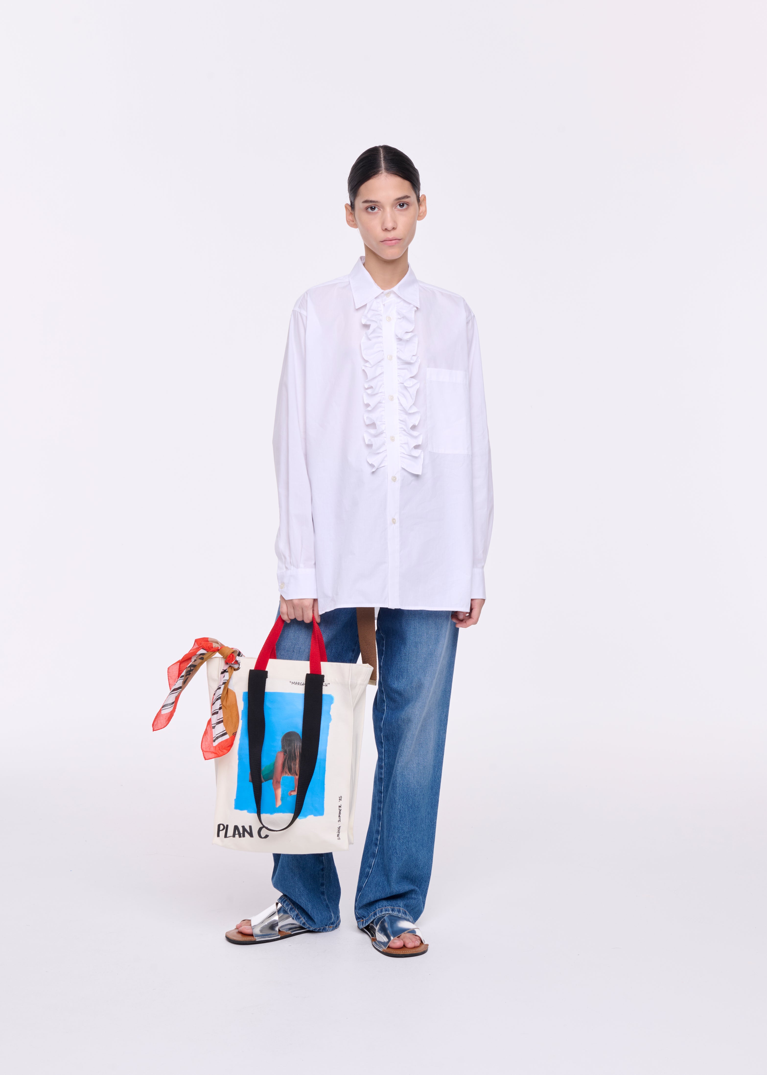 WHITE POPLIN RUFFLE SHIRT