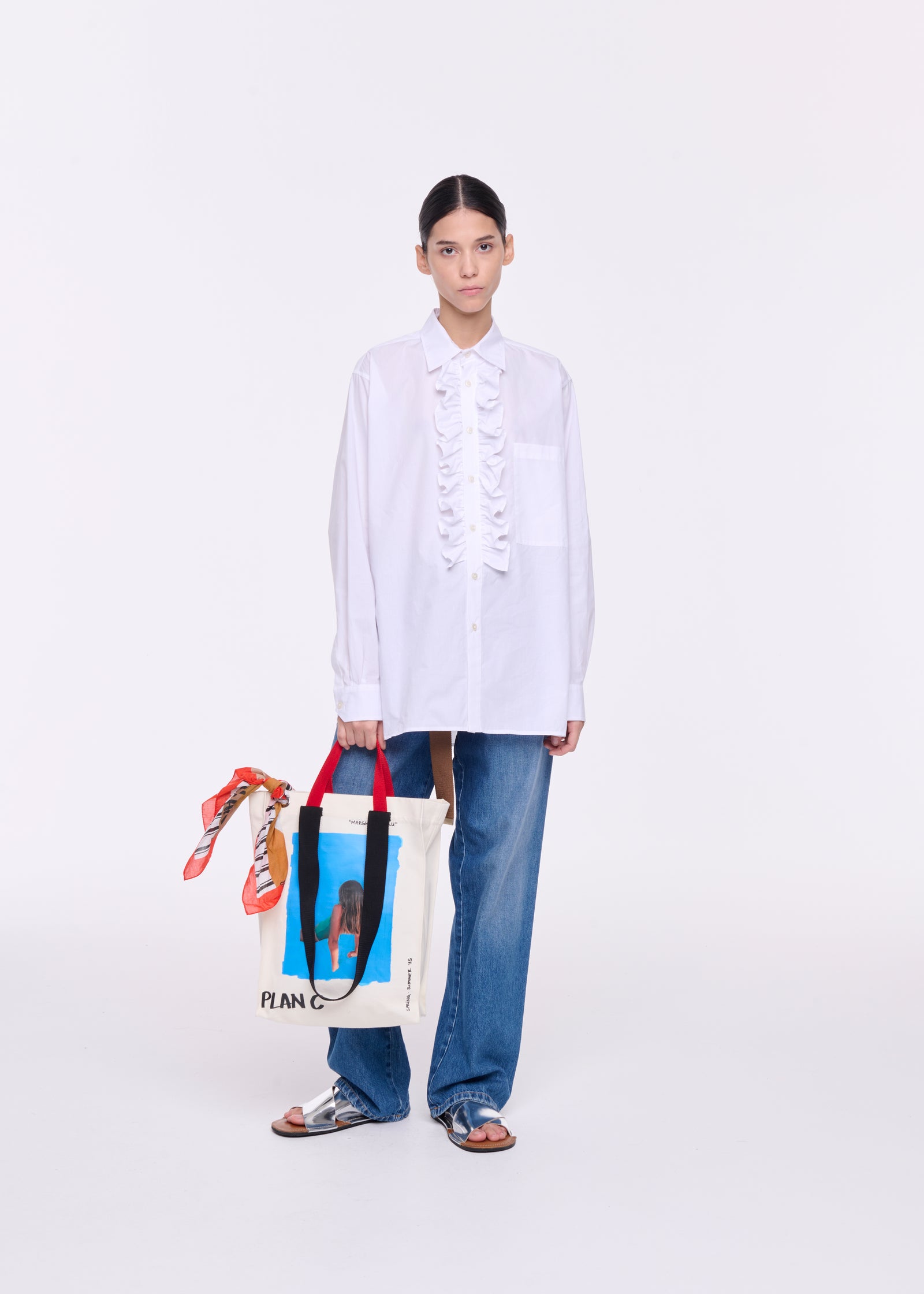 WHITE POPLIN RUFFLE SHIRT