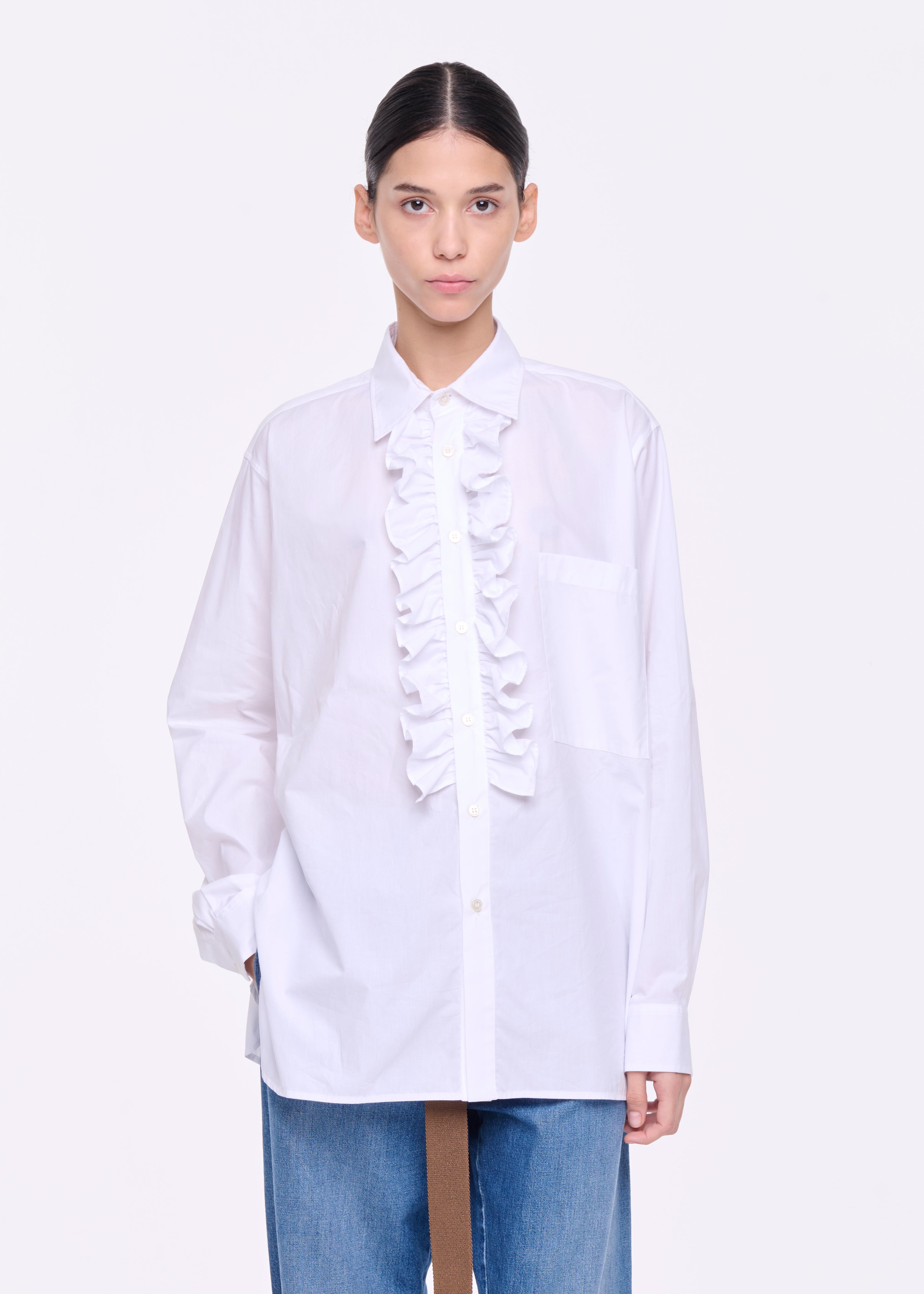 WHITE POPLIN RUFFLE SHIRT